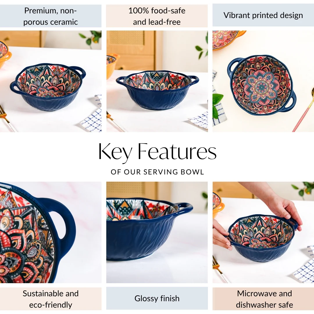 Mandala Melange Ceramic Serving Bowl Blue 1500ml - Image 5