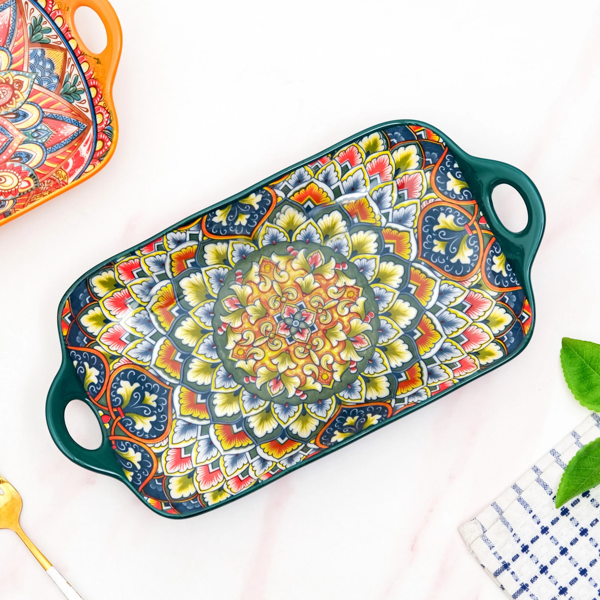 Mandala Melange Long Platter Dish Green - Image 8