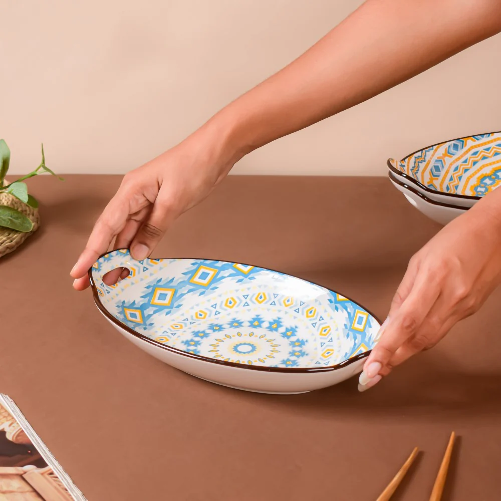 Mandala Yellow Diamond Ceramic Baking Plate With Handle - Image 3