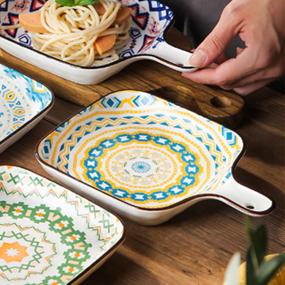 Mandala Yellow Spiral Square Ceramic Plate With Handle - Image 2