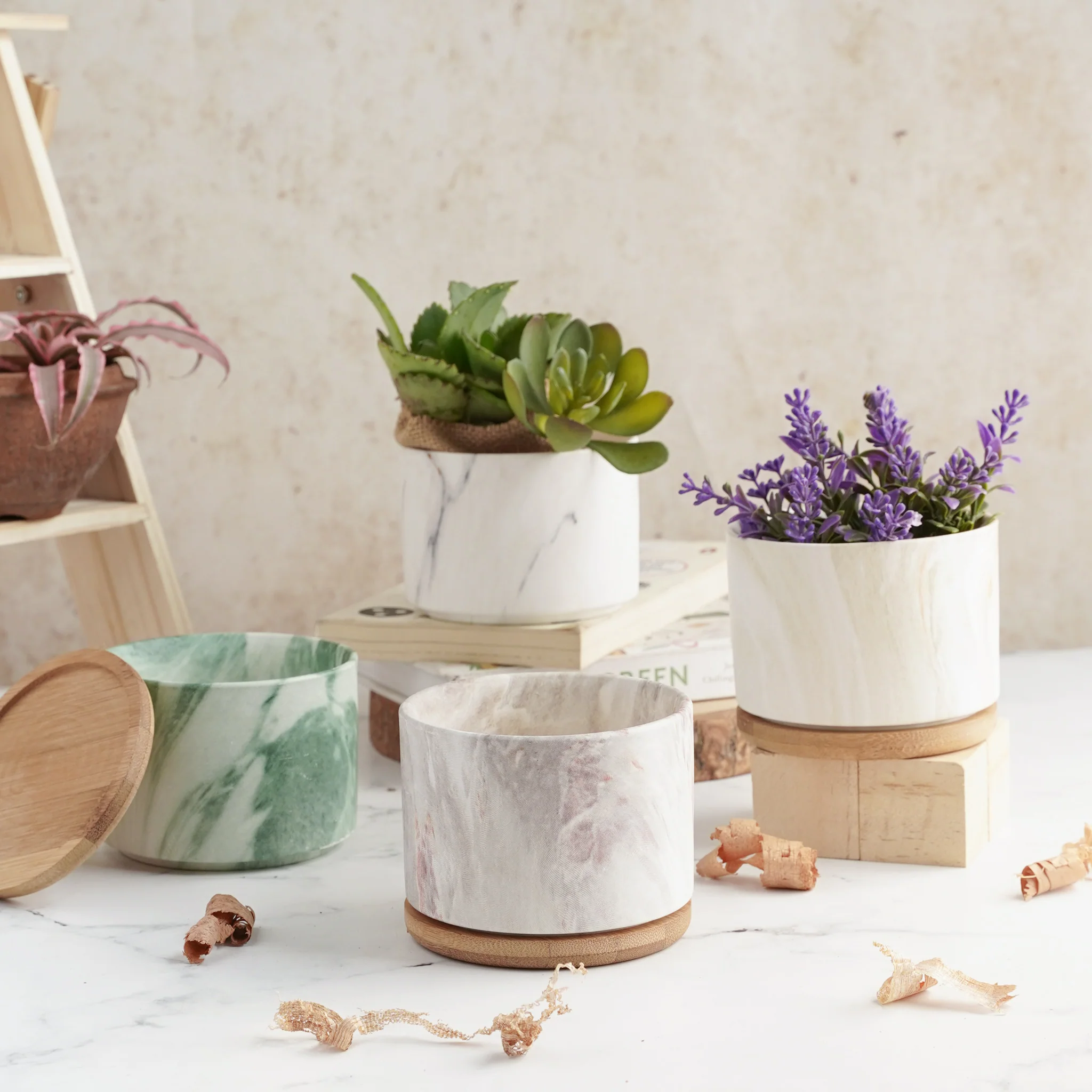 Marbleous Ceramic Flower Planter With Coaster Set Of 4