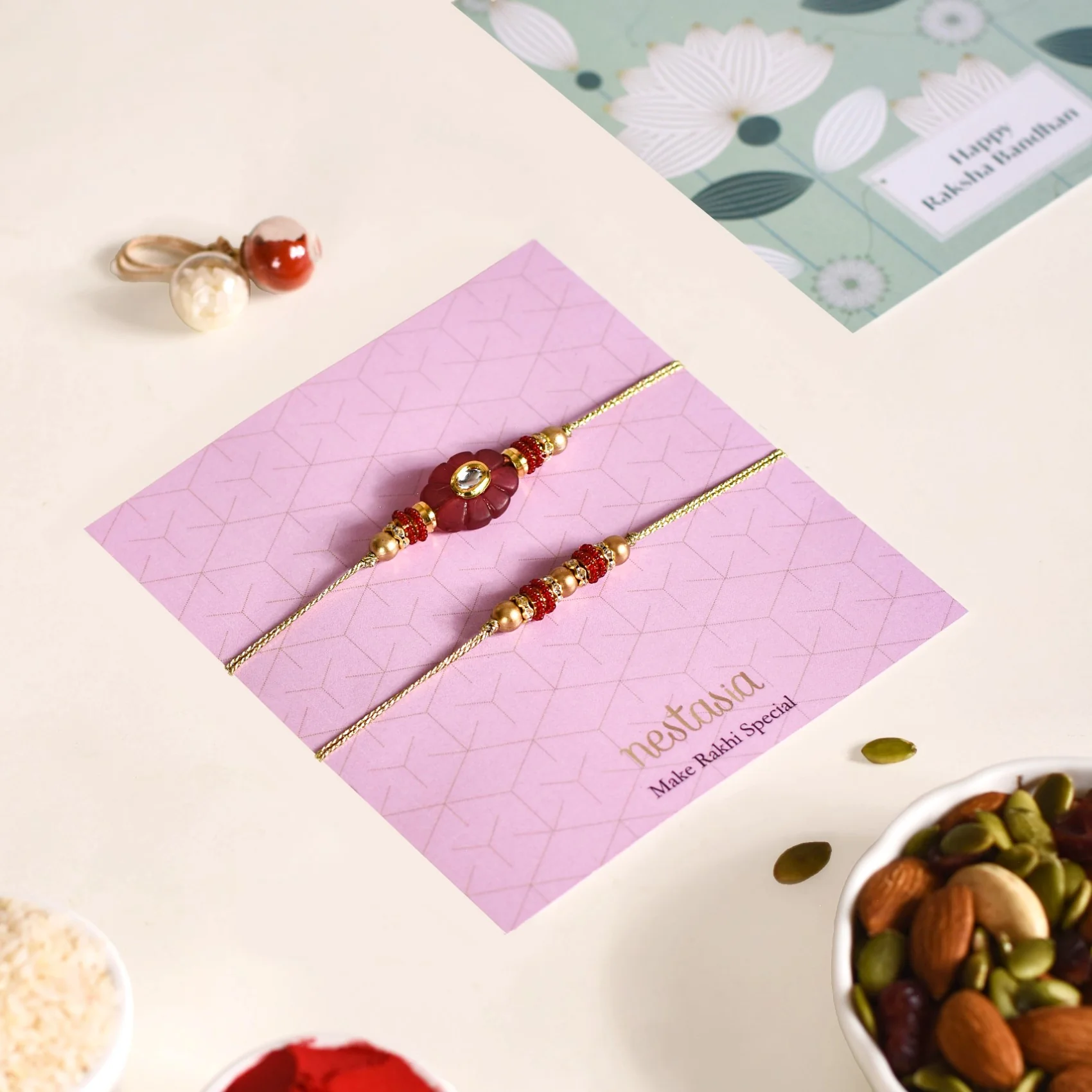 Maroon Bloom Rakhi Set Of 4 With Box And Card - Image 5