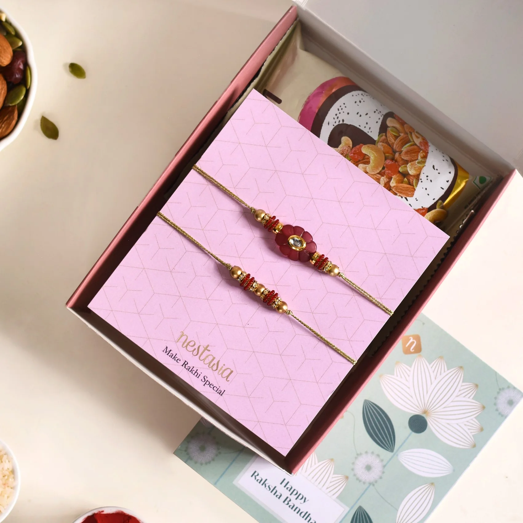 Maroon Bloom Rakhi Set Of 4 With Box And Card - Image 6