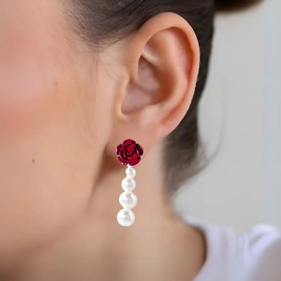 Maroon Rose And Pearl Danglers - Image 2