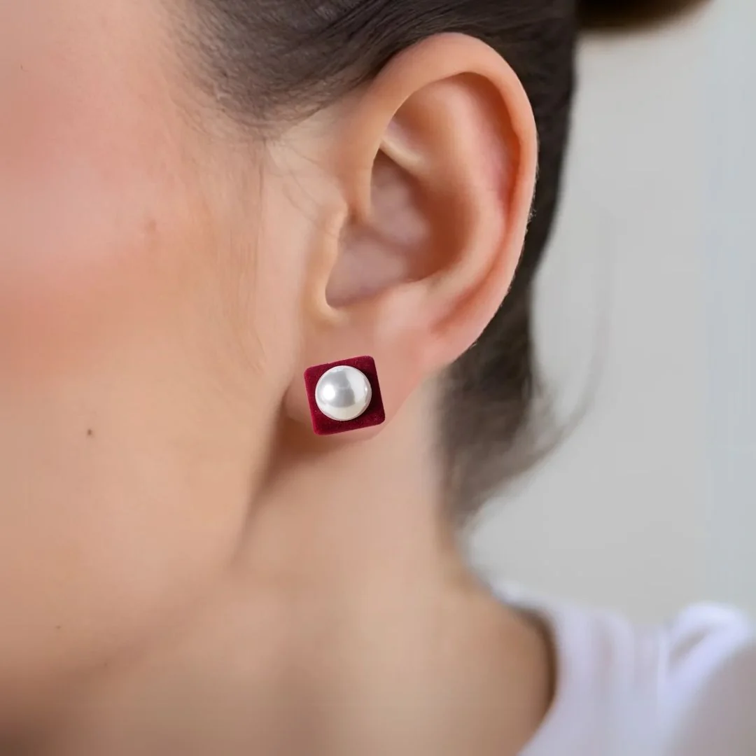 Maroon Velvet Pearl Square Studs - Image 2