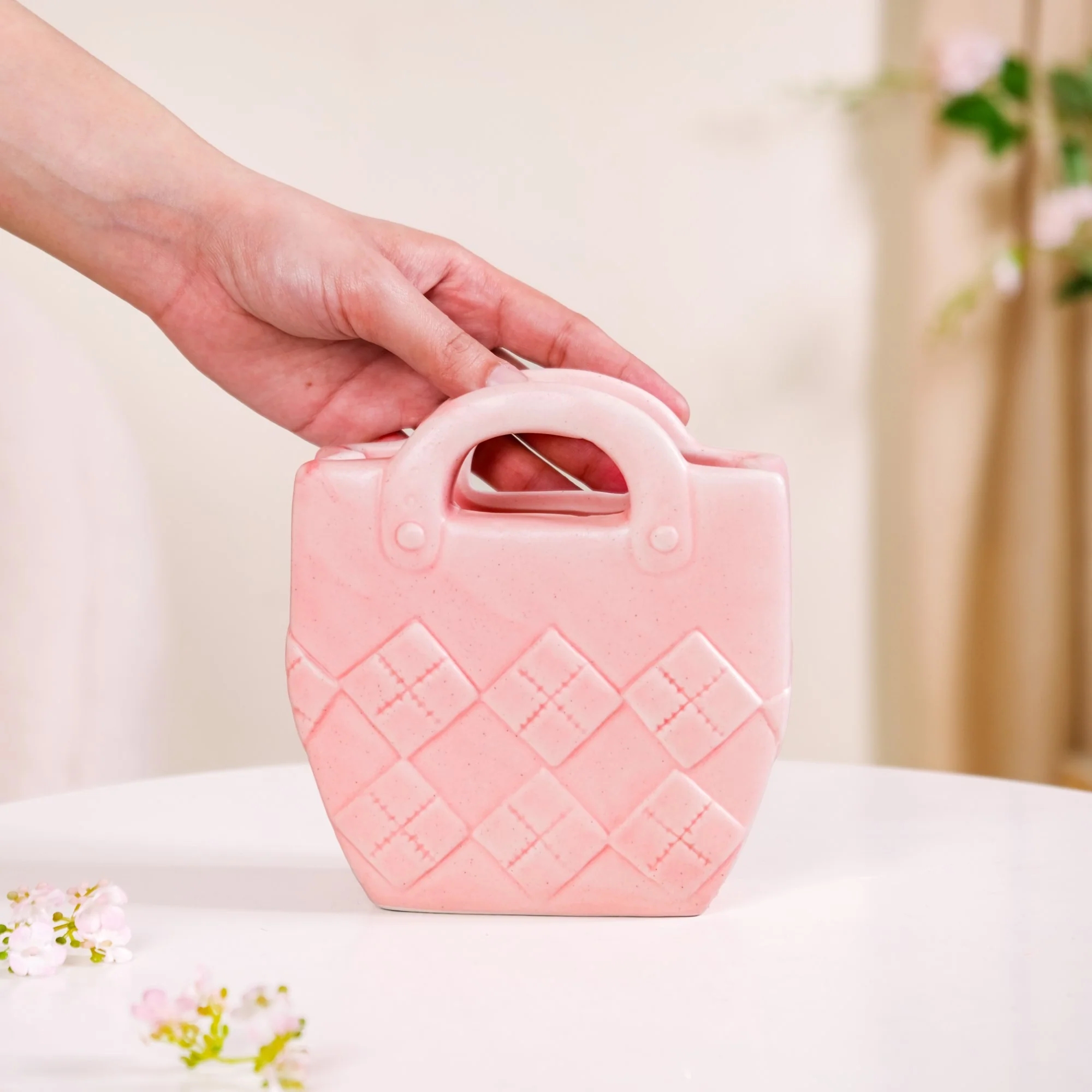 Matte Pink Ceramic Mini Bag Vase - Image 4