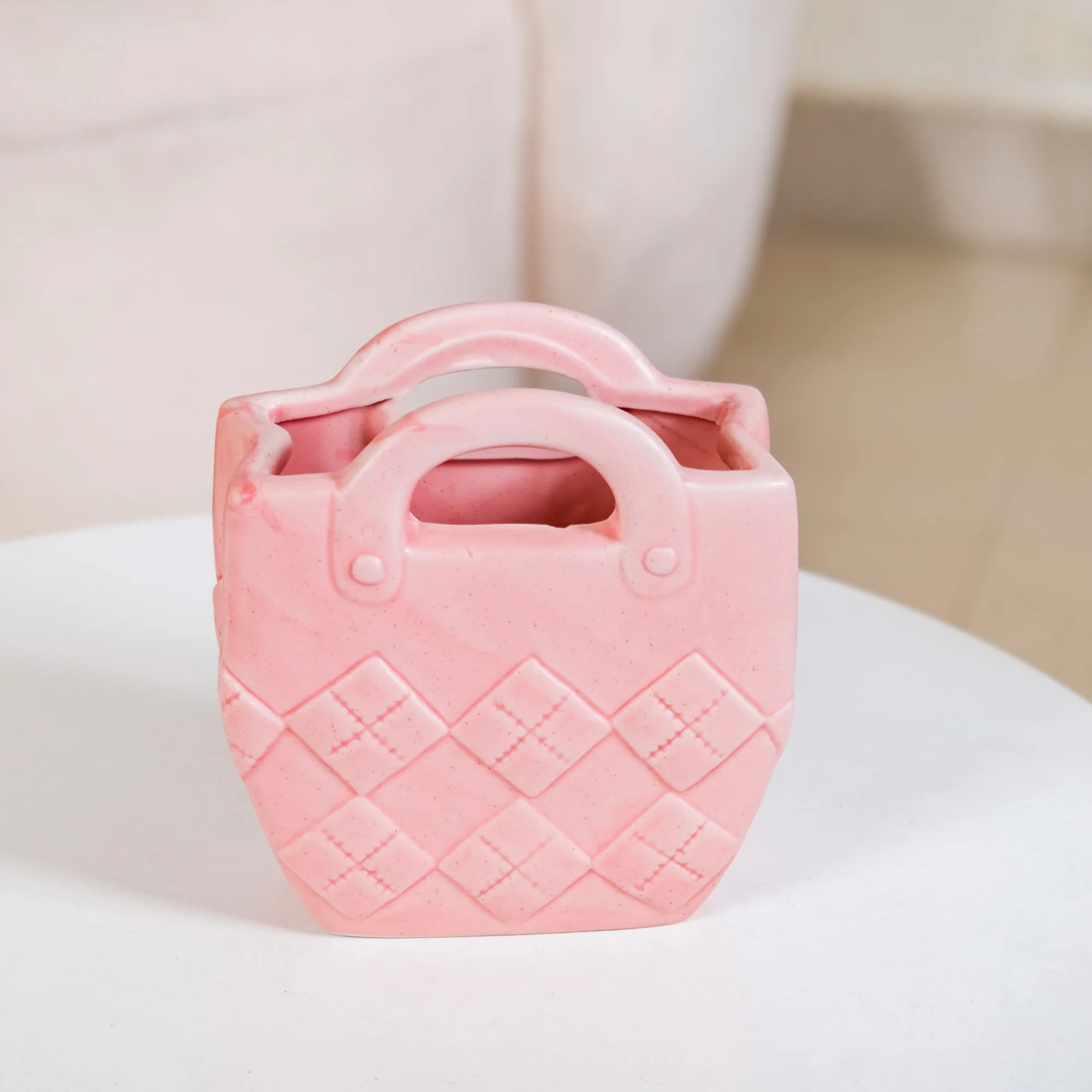 Matte Pink Ceramic Mini Bag Vase - Image 7