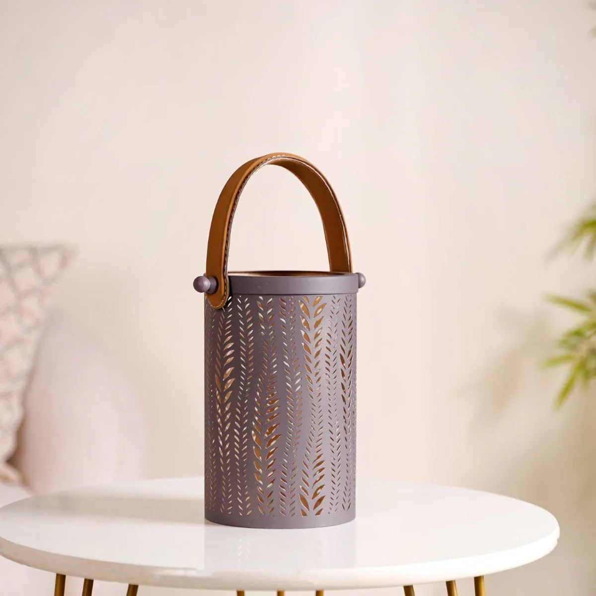 Matte Taupe Leaves Cutwork Metal Lantern Set Of 2 - Image 8
