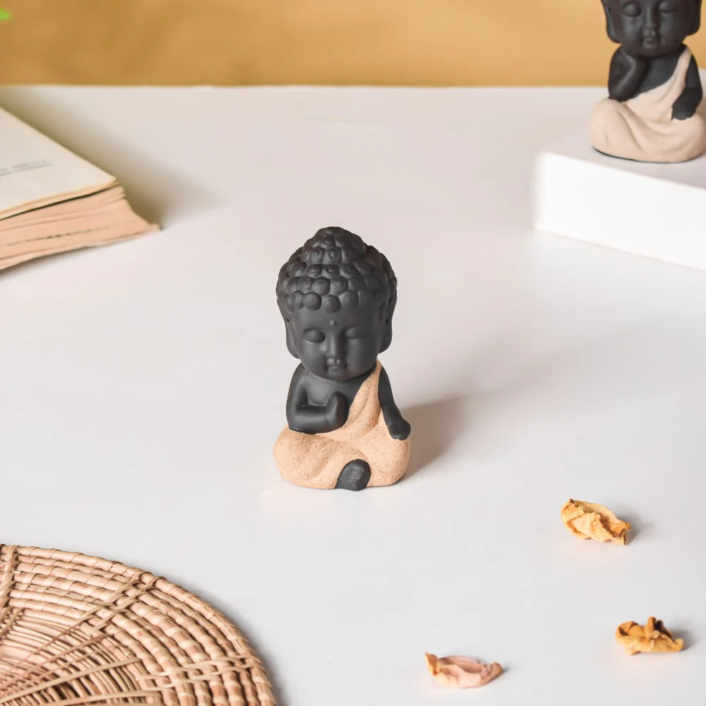 Meditating Monk Clay Showpiece Small Beige - Image 3