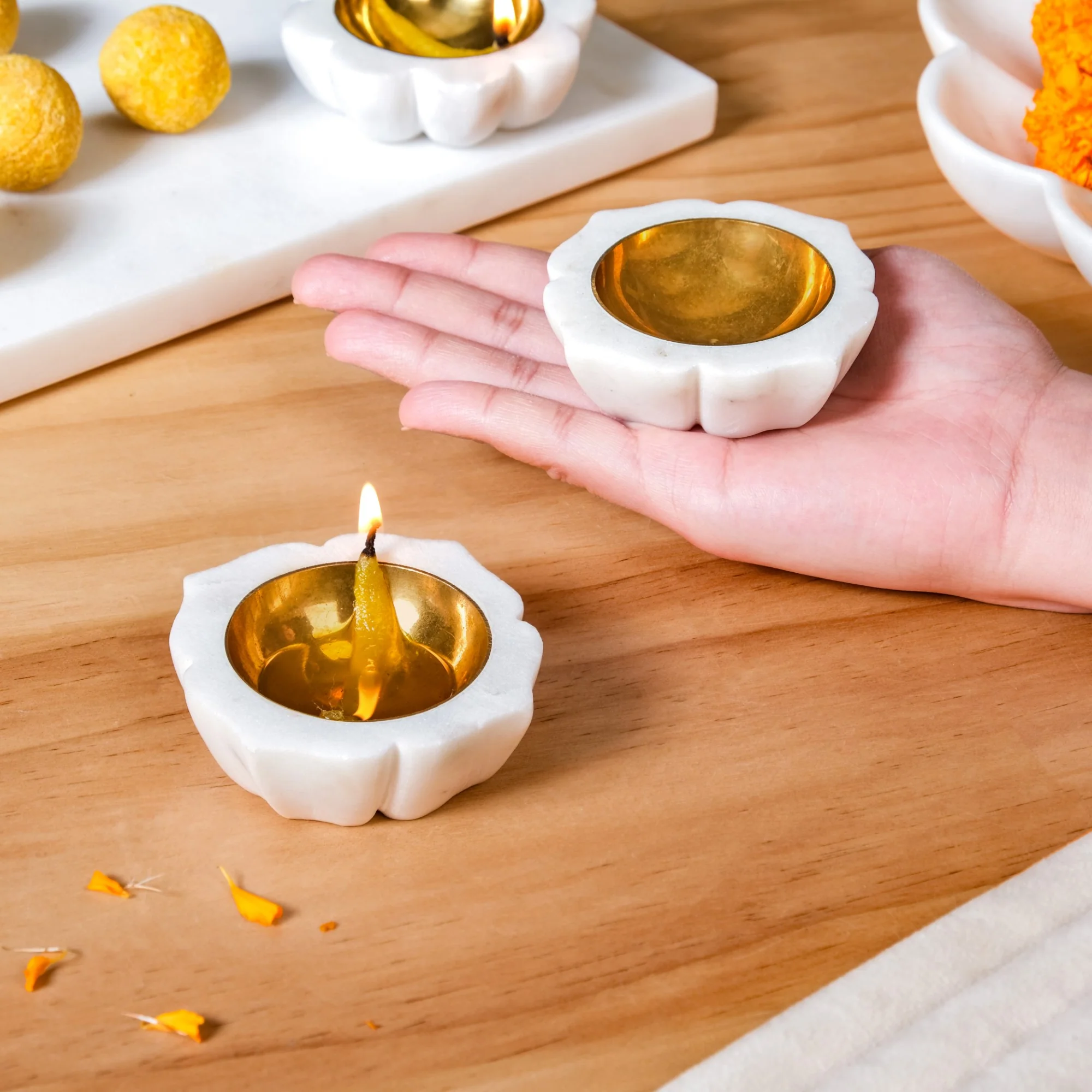Mehrab Artistry Marble And Brass Diya Set Of 2 - Image 2