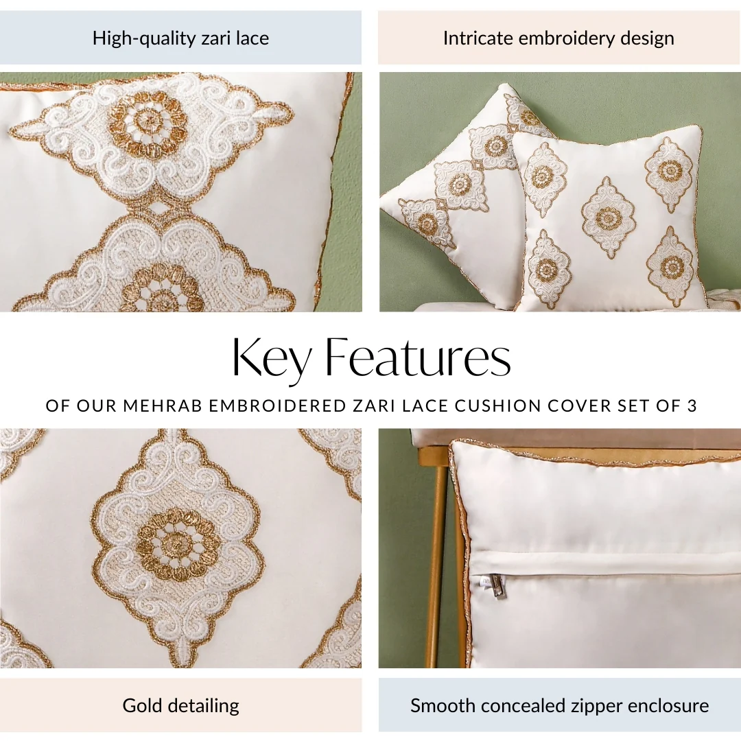 Mehrab Embroidered Zari Lace Cushion Cover Set Of 3 - Image 6