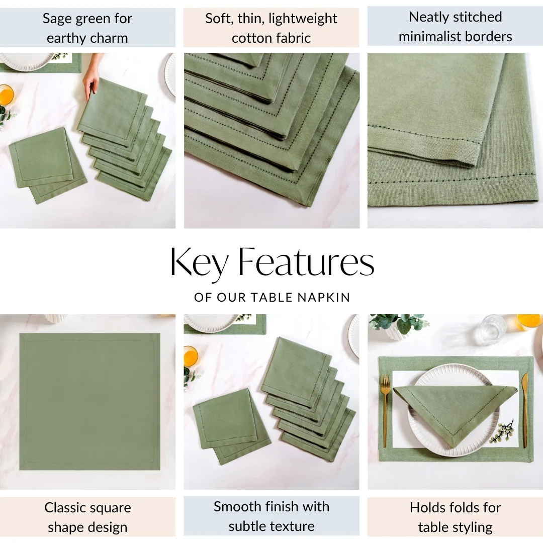 Midori Premium Cotton Hemstitched Dinner Napkins Set Of 6 In Sage Green - Image 4