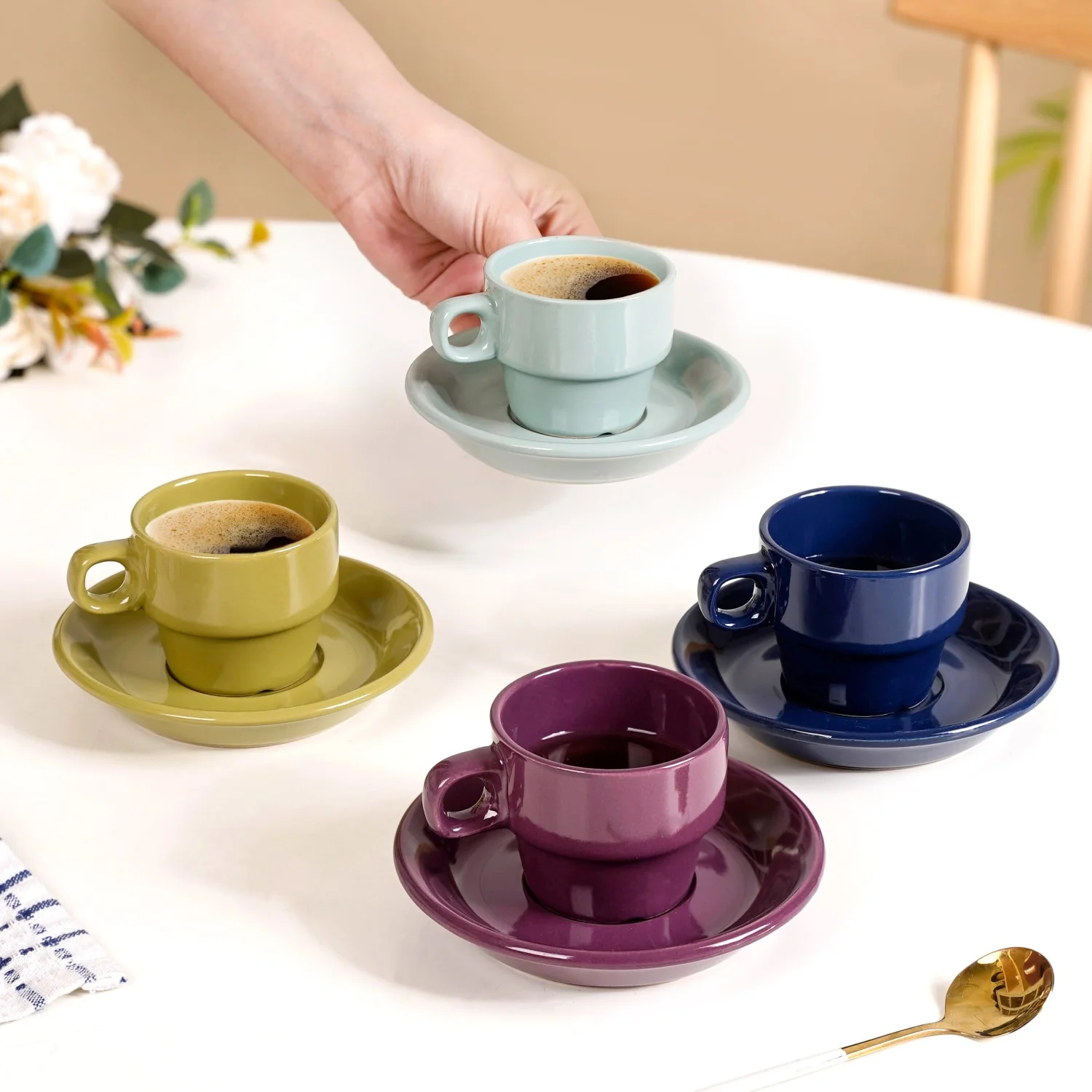 Mini Stackable Tea Cup And Saucer Set Of 4 Multicolour 90ml - Image 3