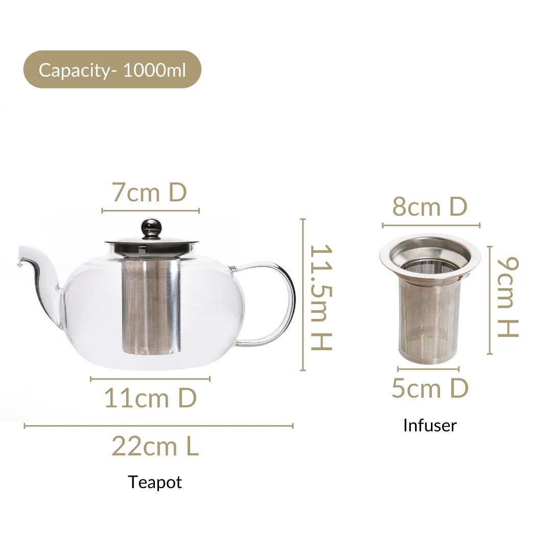 Minimalist Glass Kettle With Strainer Flame Safe 1000ml - Image 3