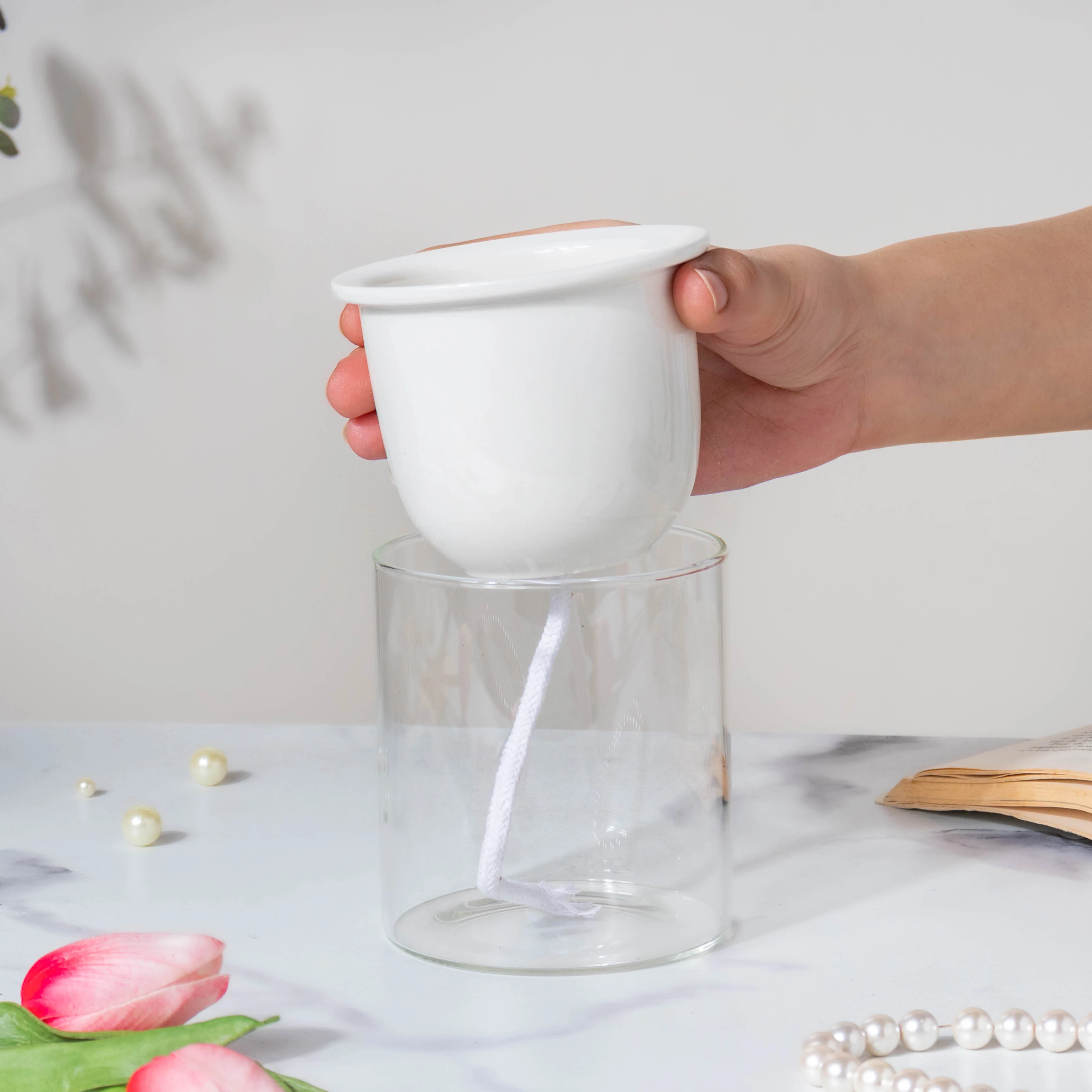 Modern Ivory Ceramic Planter With Glass Stand - Image 2