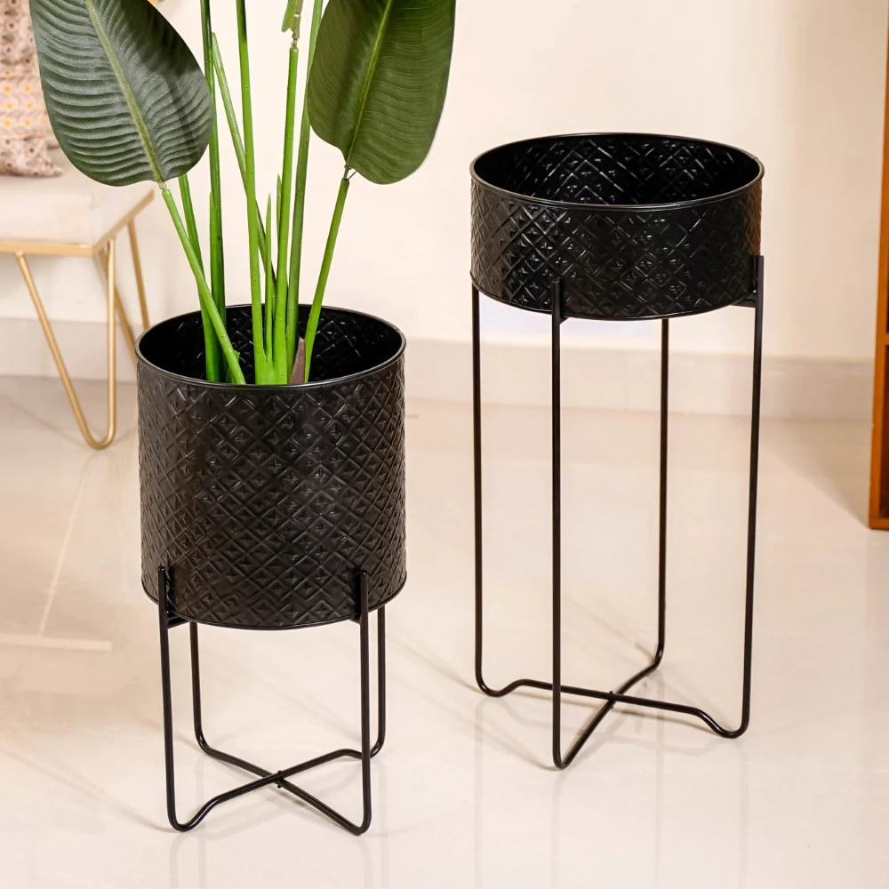 Modern Metal Floor Planter With Stand Black Set Of 2 - Image 17