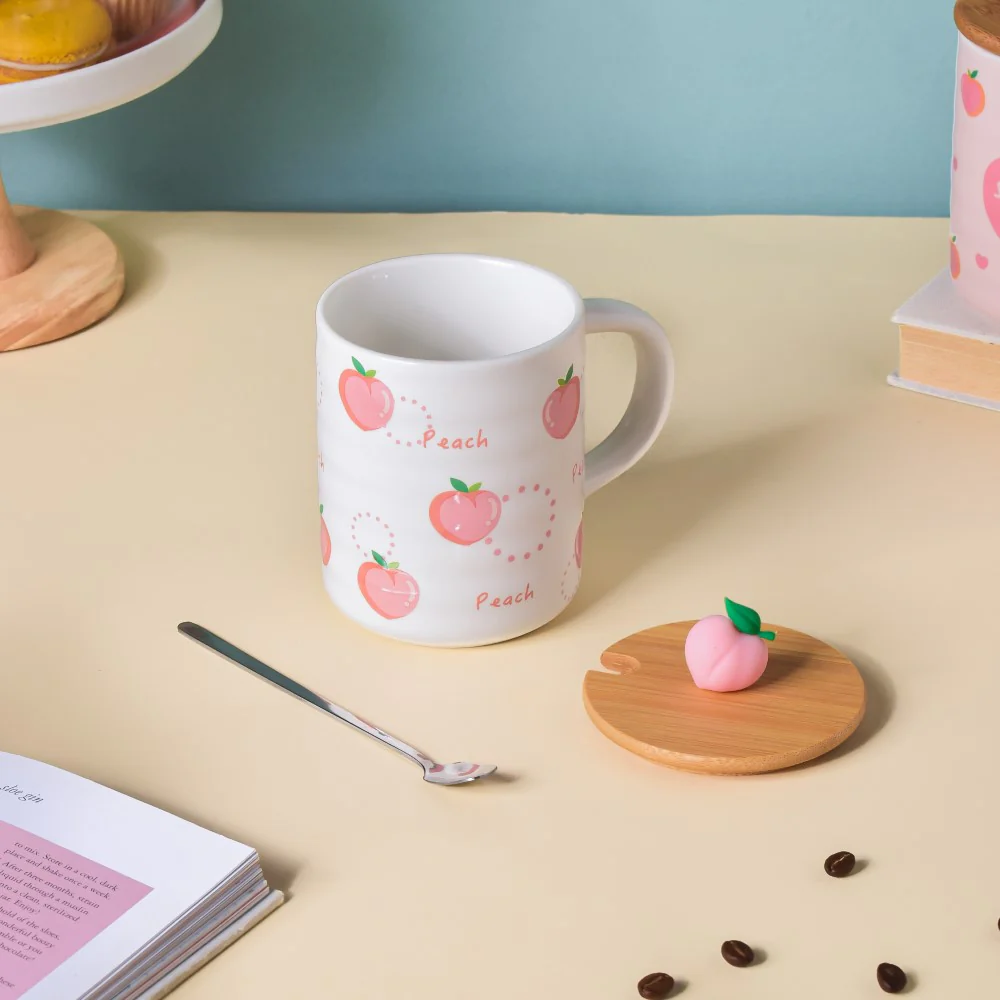 Morning Tea Mug Peach Patterned With Lid And Spoon 350 ml - Image 4