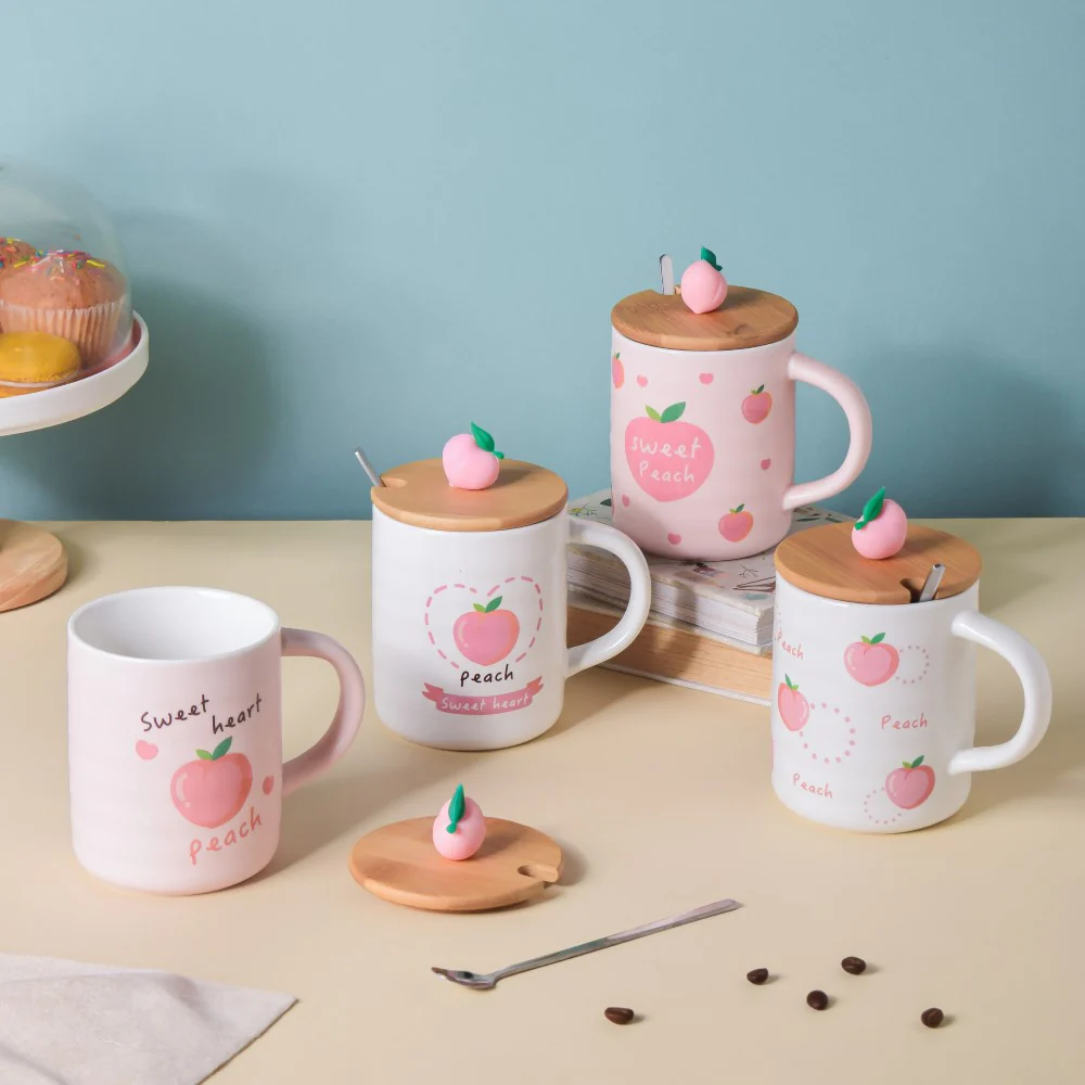 Morning Tea Mug Peach Patterned With Lid And Spoon 350 ml - Image 7
