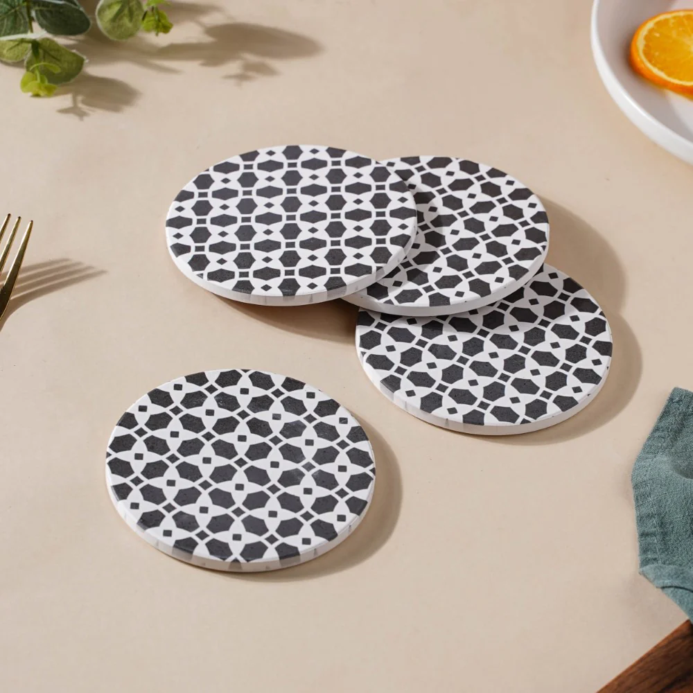 Moroccan Black And White Ceramic Coaster Set Of 4 - Image 3