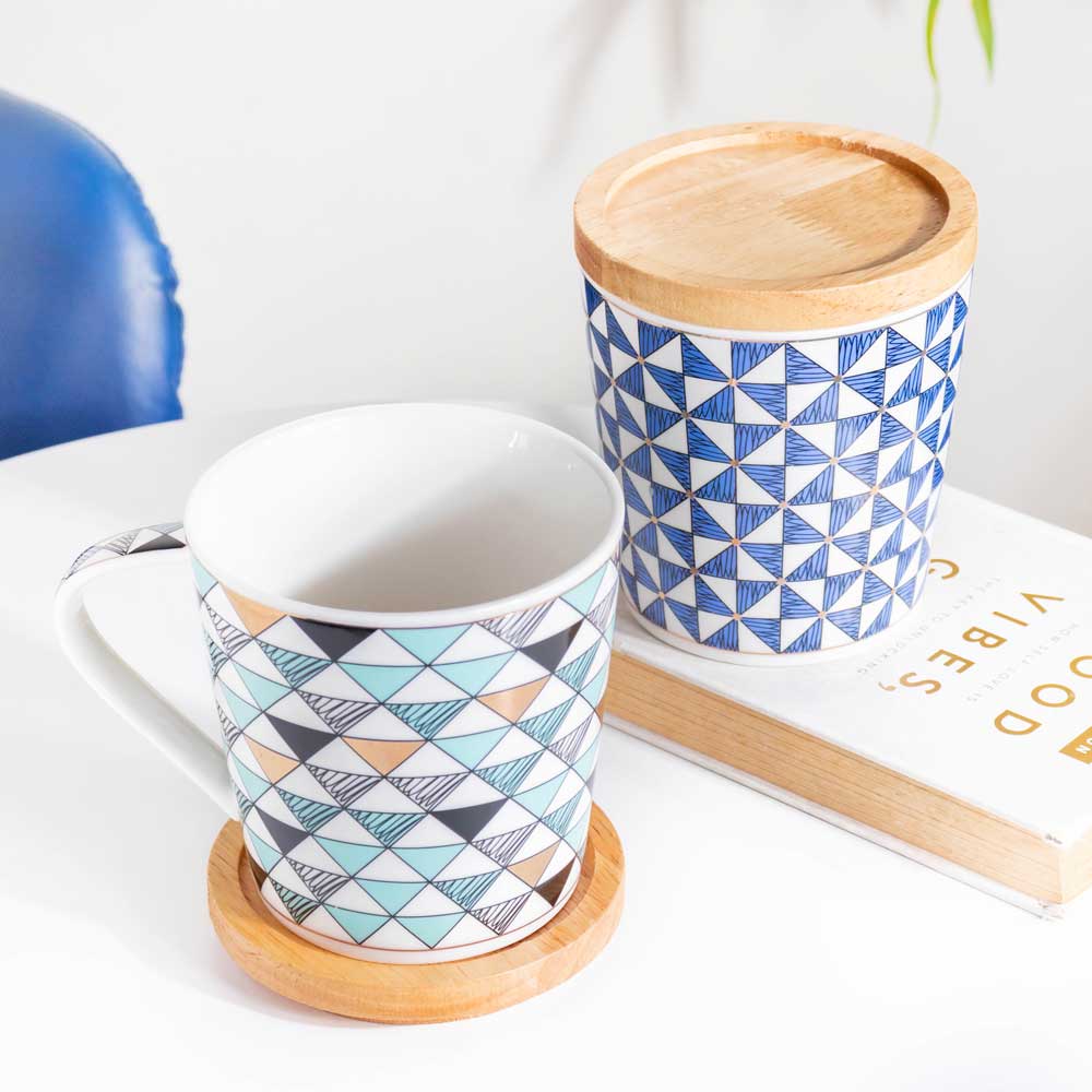 Mosaic Mug With Wooden Lid Blue White Large 500 ml - Image 7