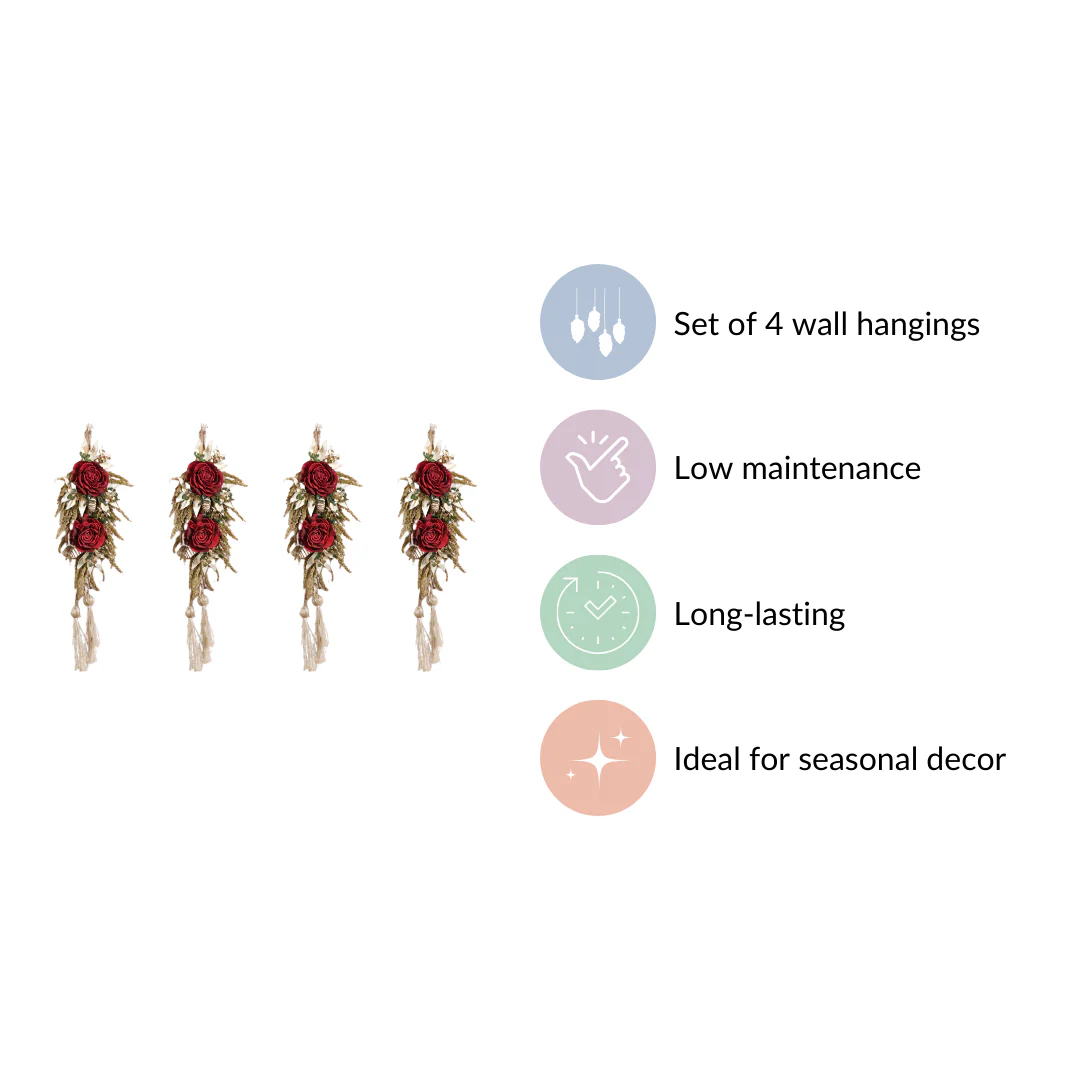 Natural Red Flower Wall Hanging With Tassels Set Of 4 - Image 10