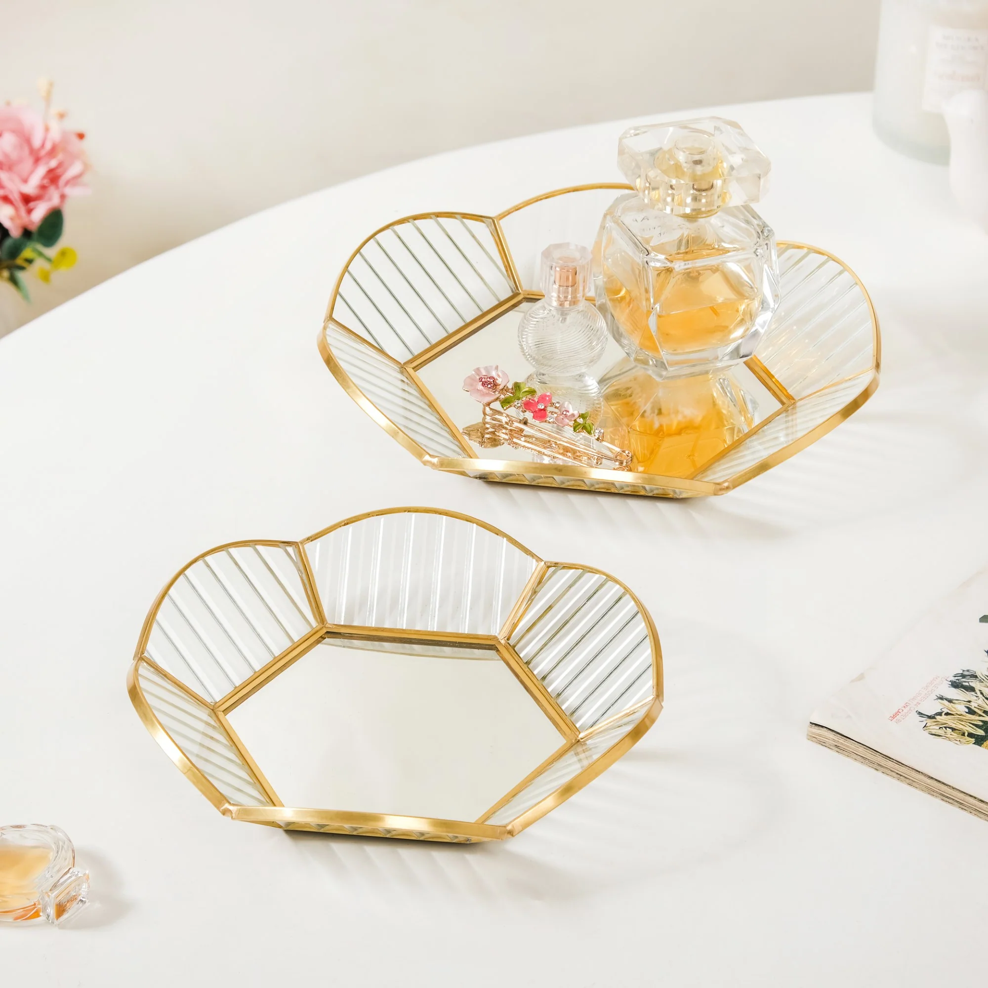 Nested Floral Mirror Vanity Makeup Trays Set Of 2 - Image 9