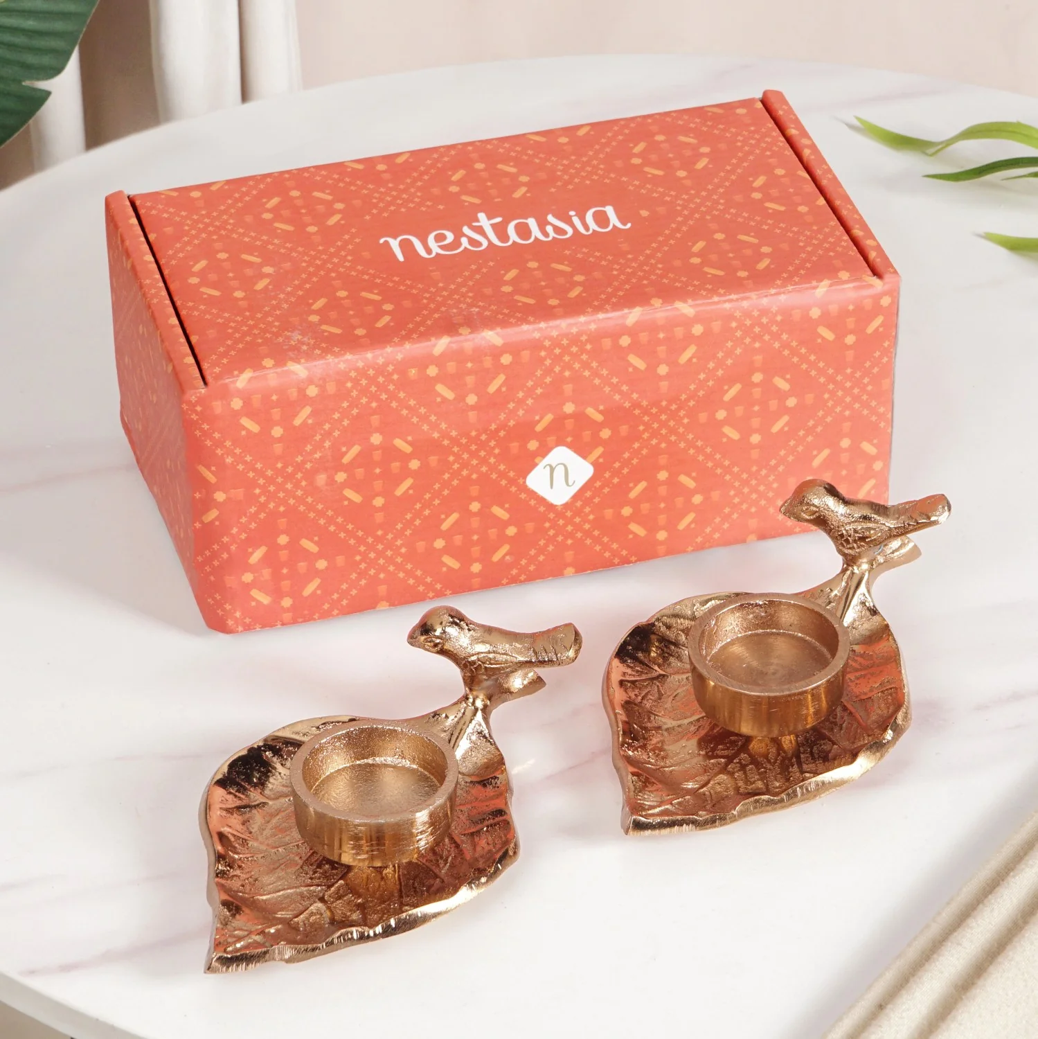 NestGlow Bird Leaf Tealight Candle Holder Set Of 2 Rose Gold - Image 2
