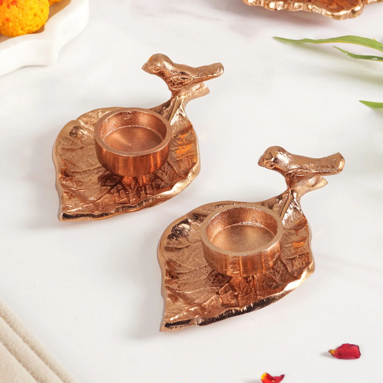 NestGlow Bird Leaf Tealight Candle Holder Set Of 2 Rose Gold - Image 9