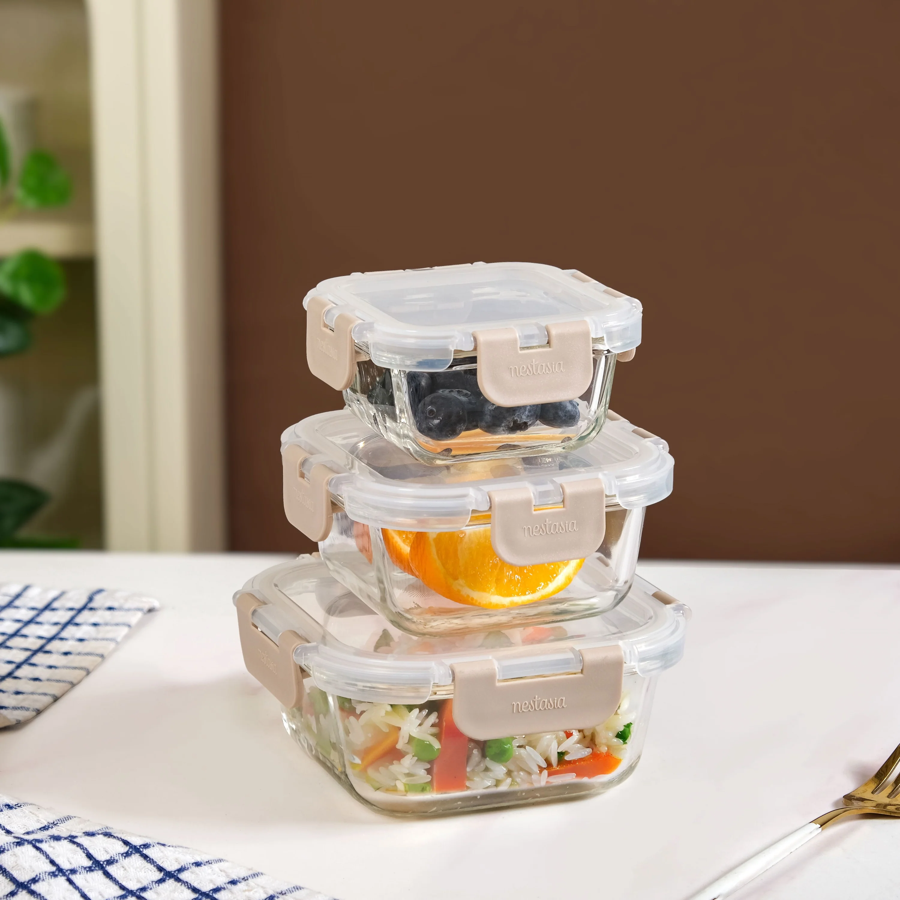 Nestro Airtight Containers Set Of 3 Square Beige 160ml 300ml 500ml