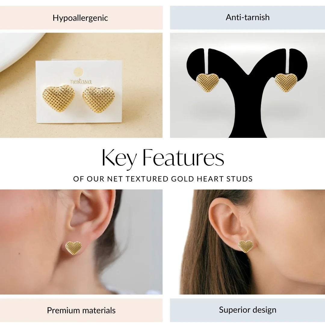 Net Textured Gold Heart Studs - Image 4