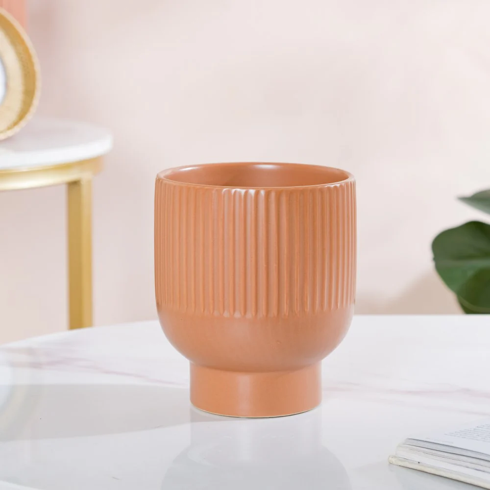 Nordic Ribbed Ceramic Vase With Stand Brown - Image 6