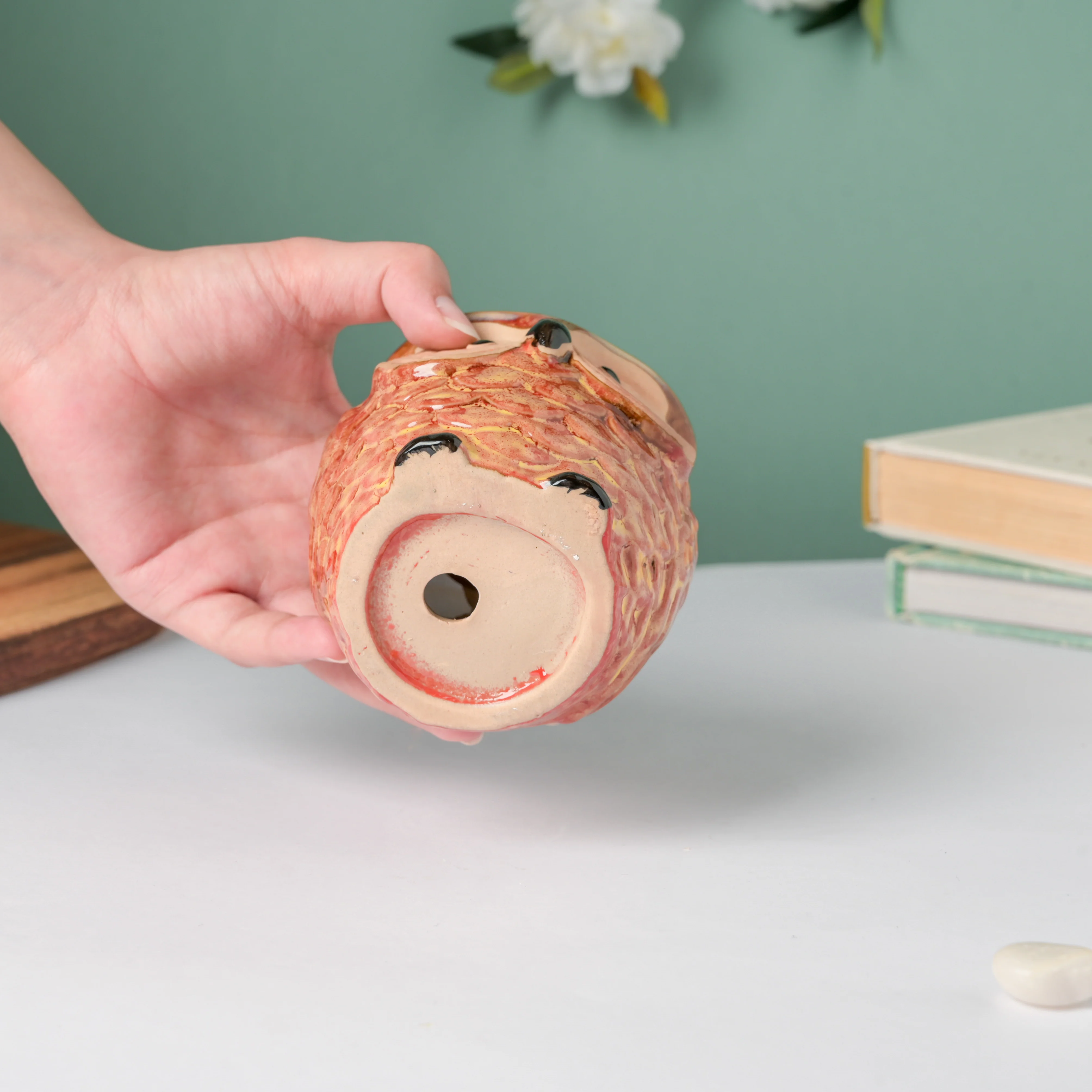Orange Owl Ceramic Planter With Wooden Coaster - Image 10