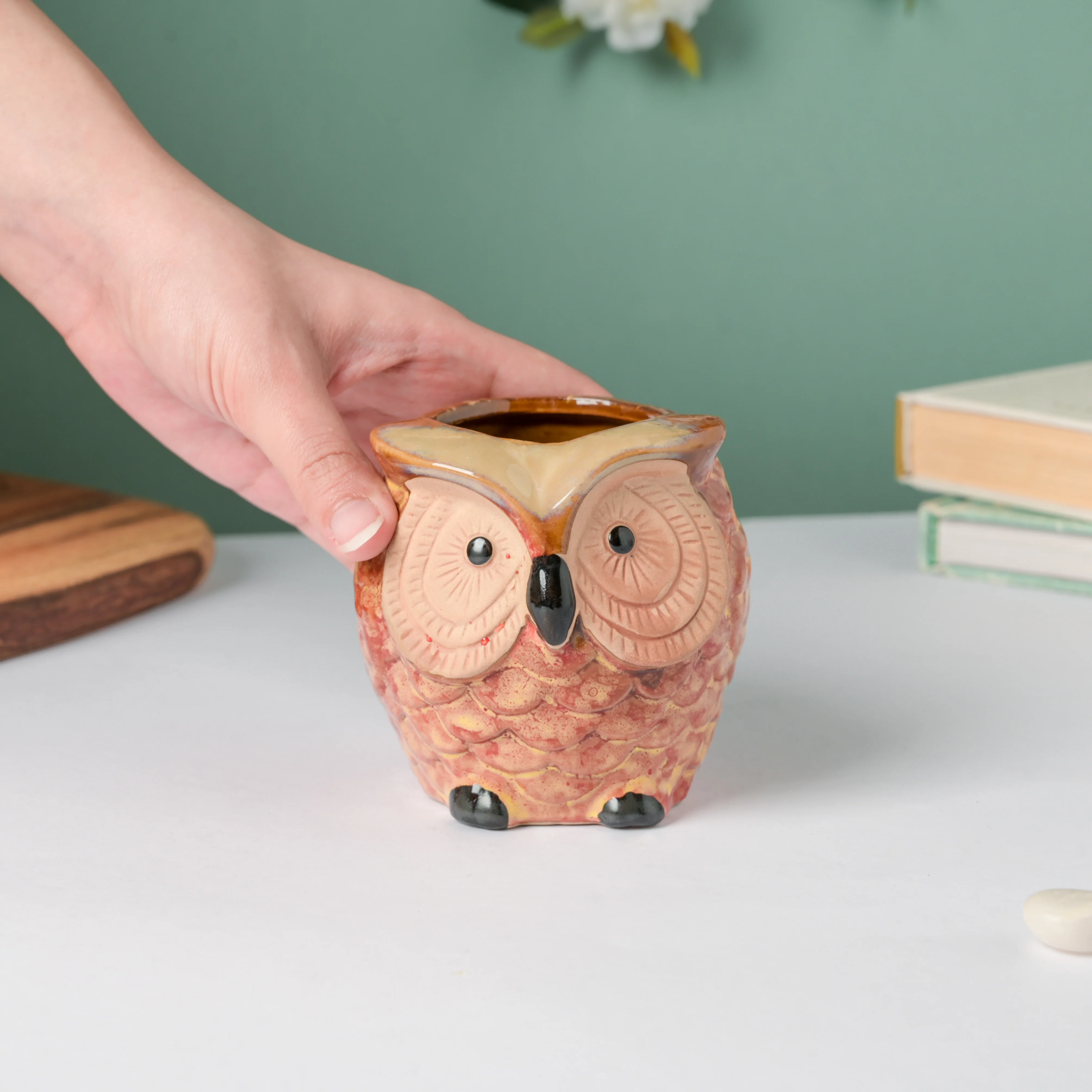 Orange Owl Ceramic Planter With Wooden Coaster - Image 8