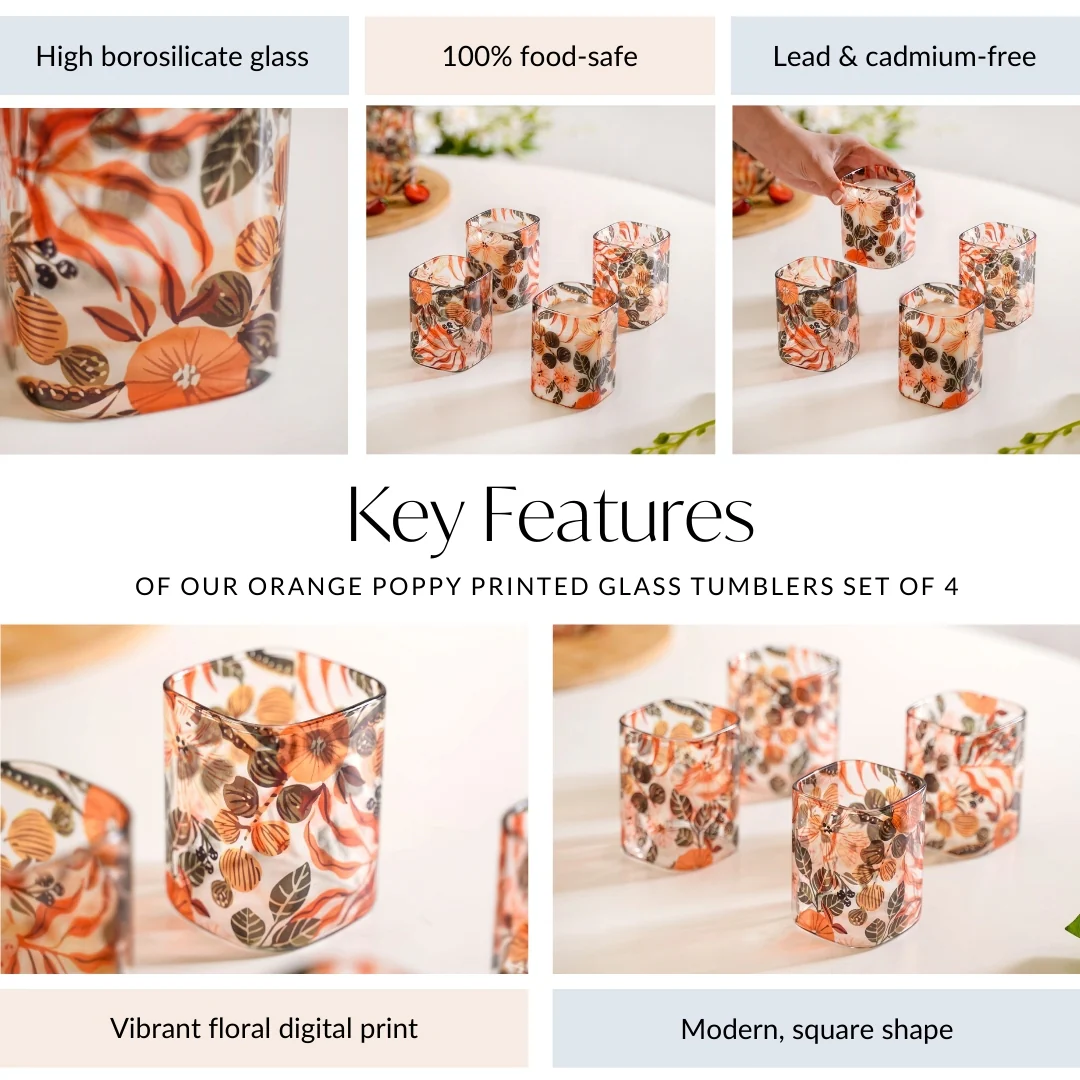 Orange Poppy Printed Glass Tumblers Set Of 4 230ml - Image 5
