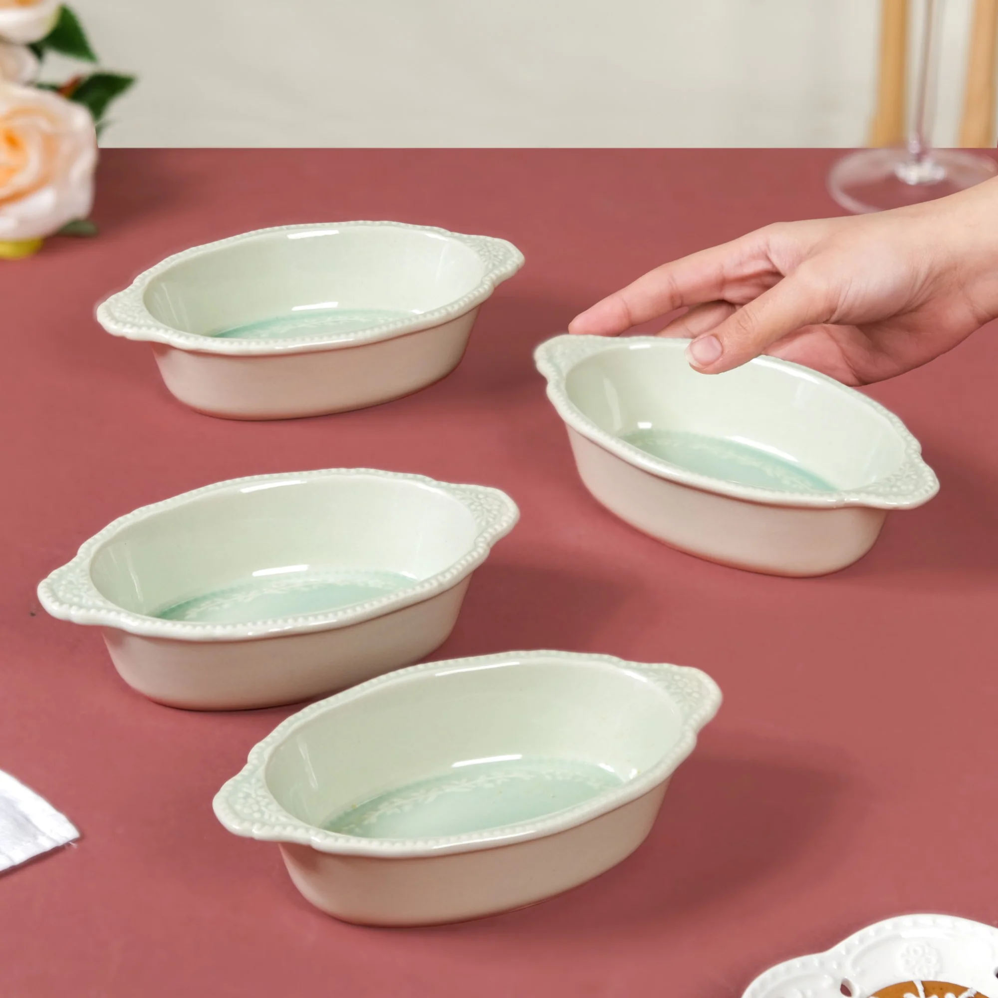 Oval Small Baking Bowl With Handle Set Of 4 Green 200ml - Image 3