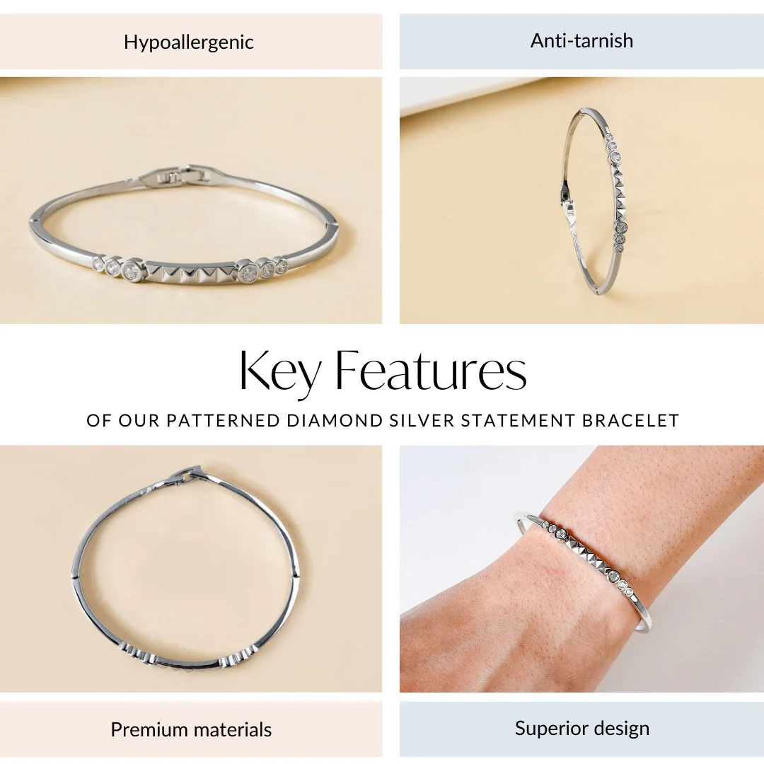Patterned Diamond Silver Statement Bracelet - Image 4