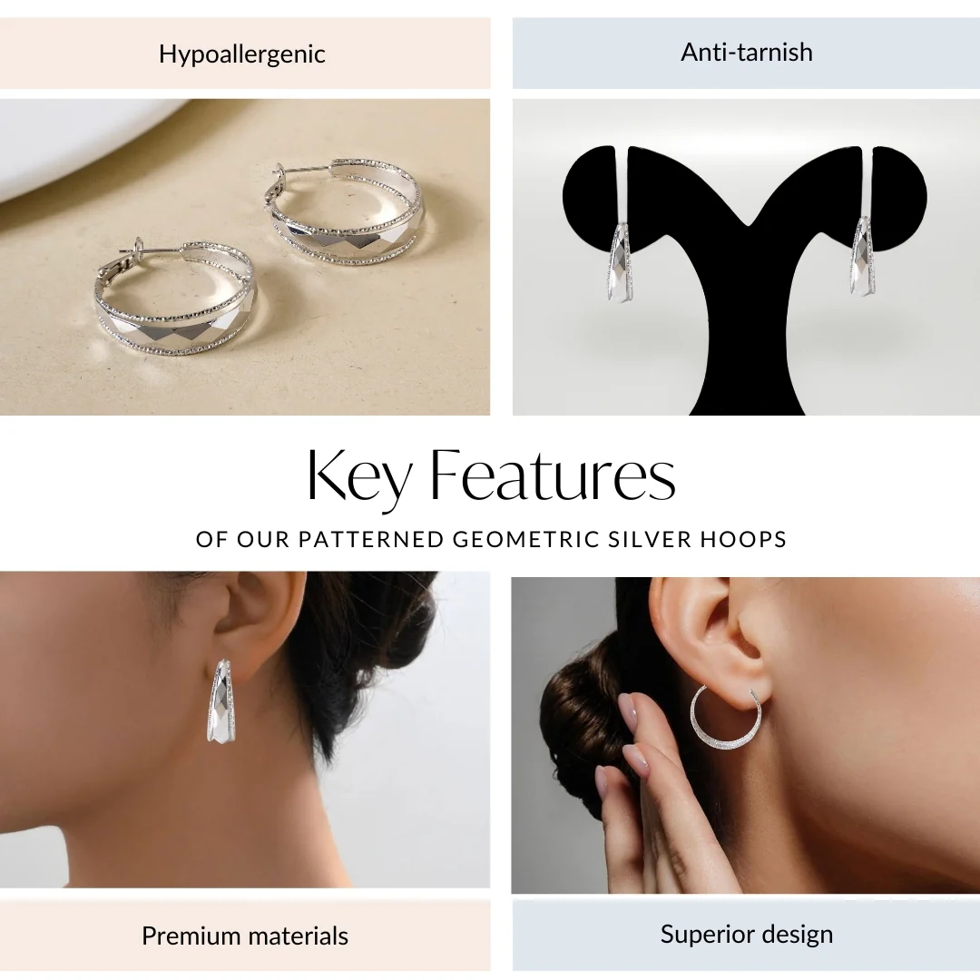 Patterned Geometric Silver Hoops - Image 4