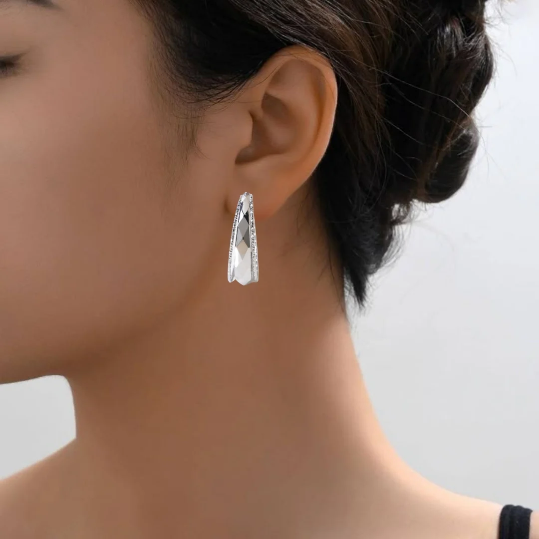 Patterned Geometric Silver Hoops - Image 5