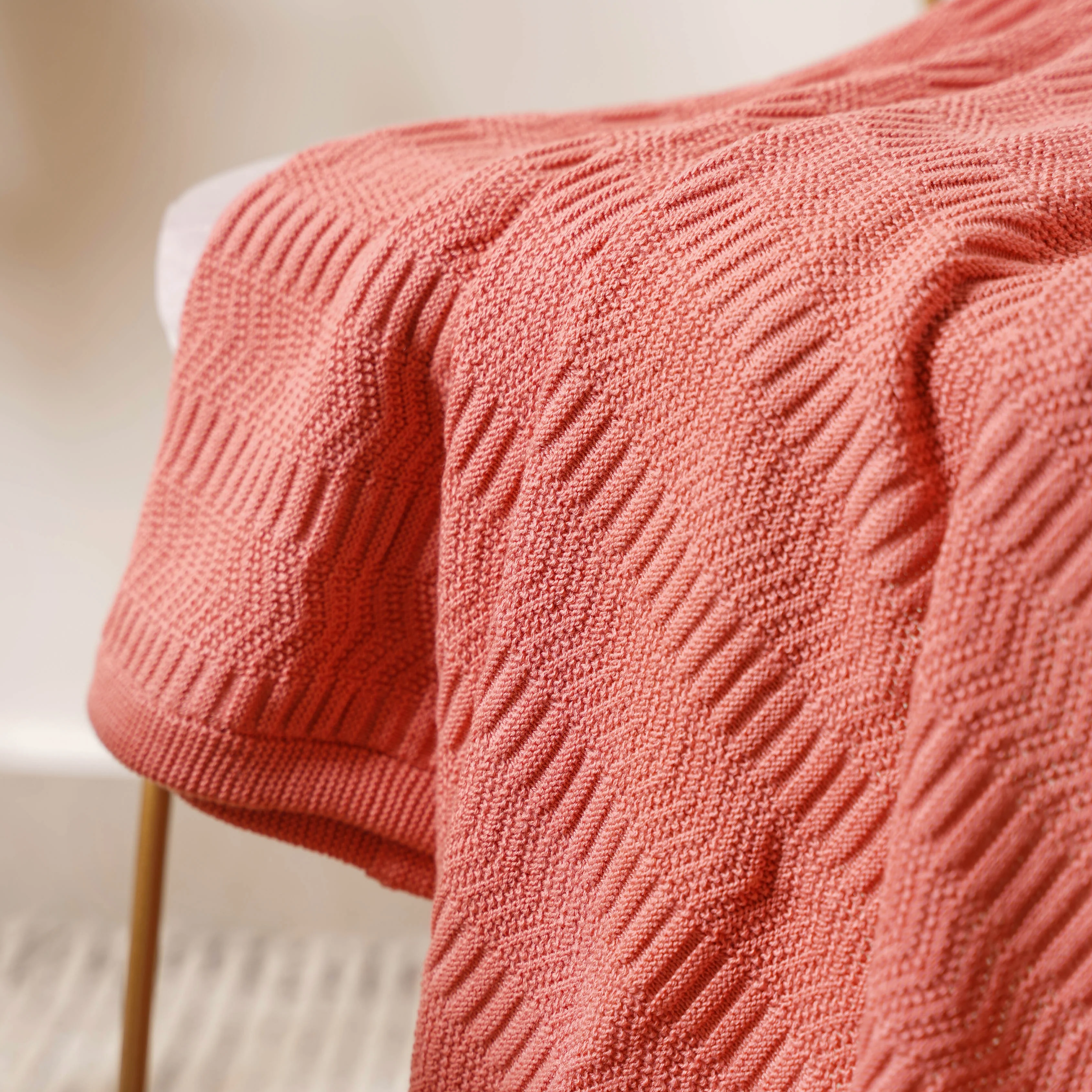 Peach Ribbed Knitted Throw - Image 3
