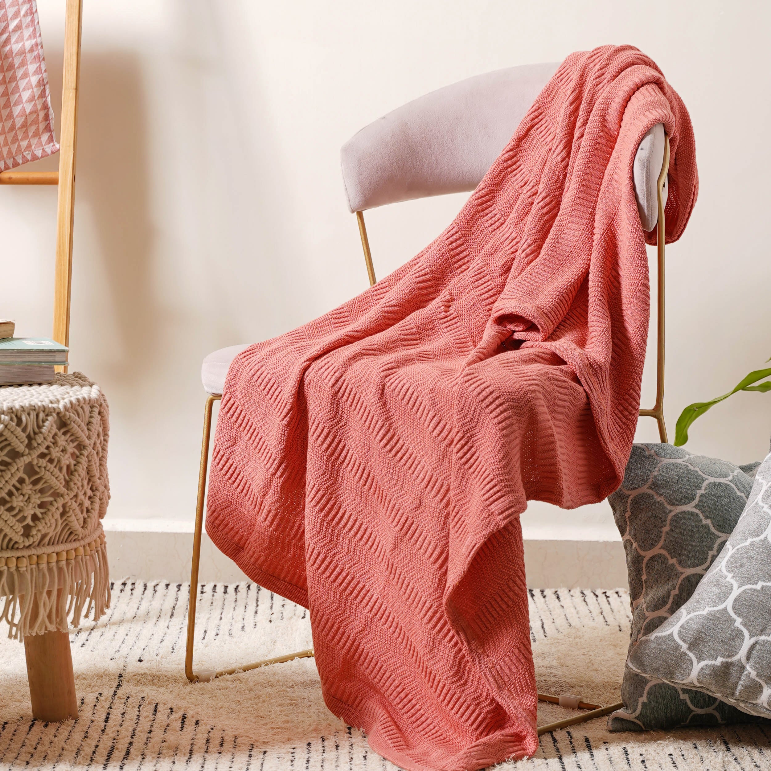 Peach Ribbed Knitted Throw - Image 4