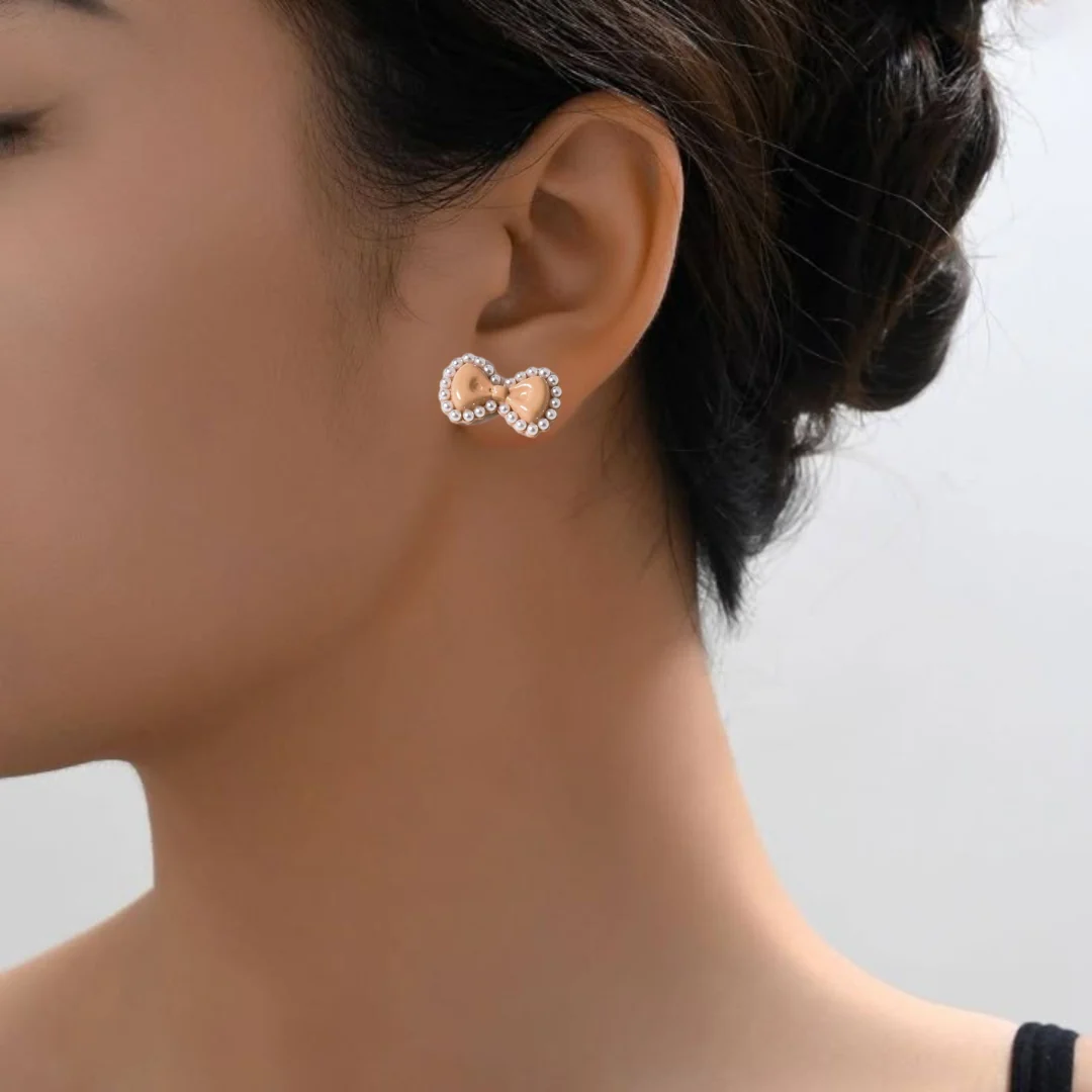 Pearly Bow Dainty Stud Earrings - Image 5