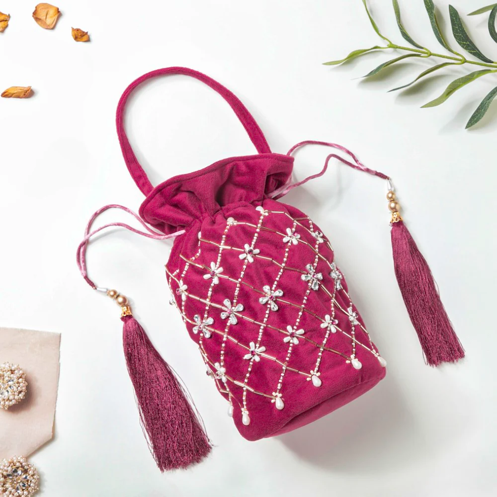 Phulvari Velvet Potli Bag Maroon - Image 3