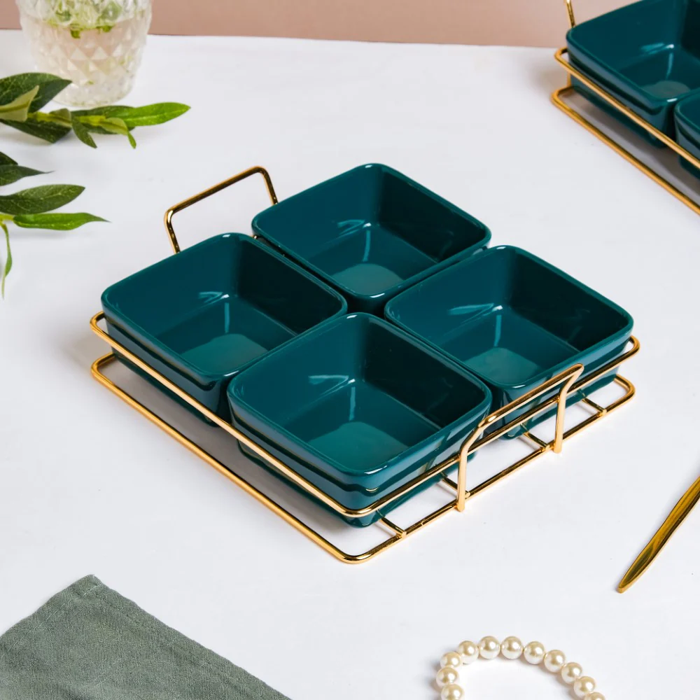 Pine Green Glossy Ceramic Bowls And Tray Set Of 5 200ml - Image 3
