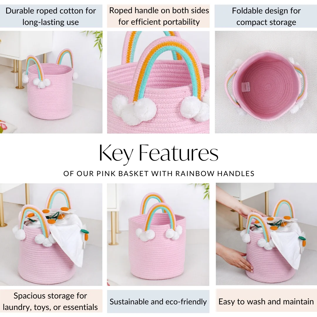 Pink Basket With Rainbow Handles 26cm - Image 5