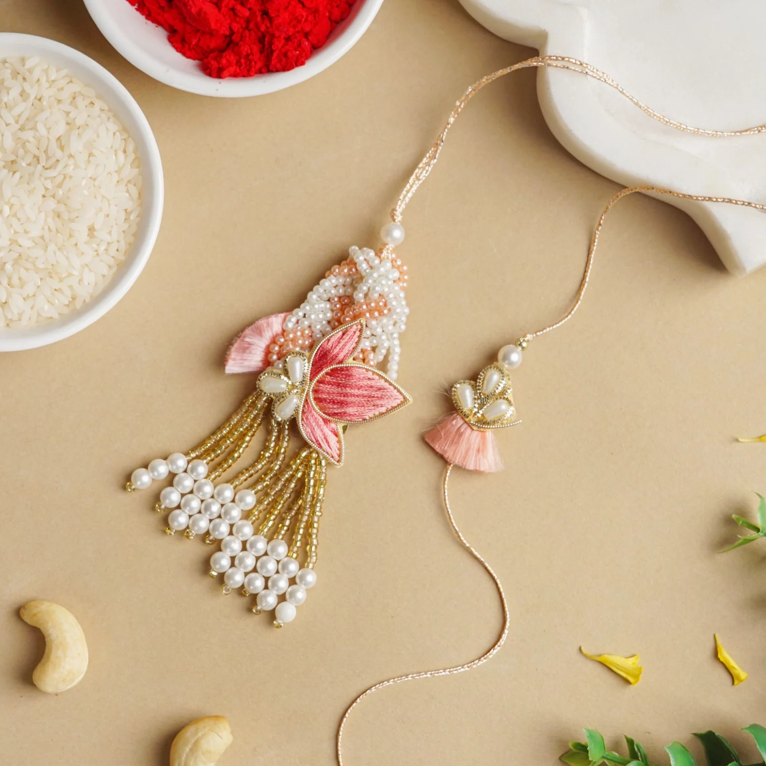 Pink Beads Rakhi And Lumba Set For Couples - Image 6