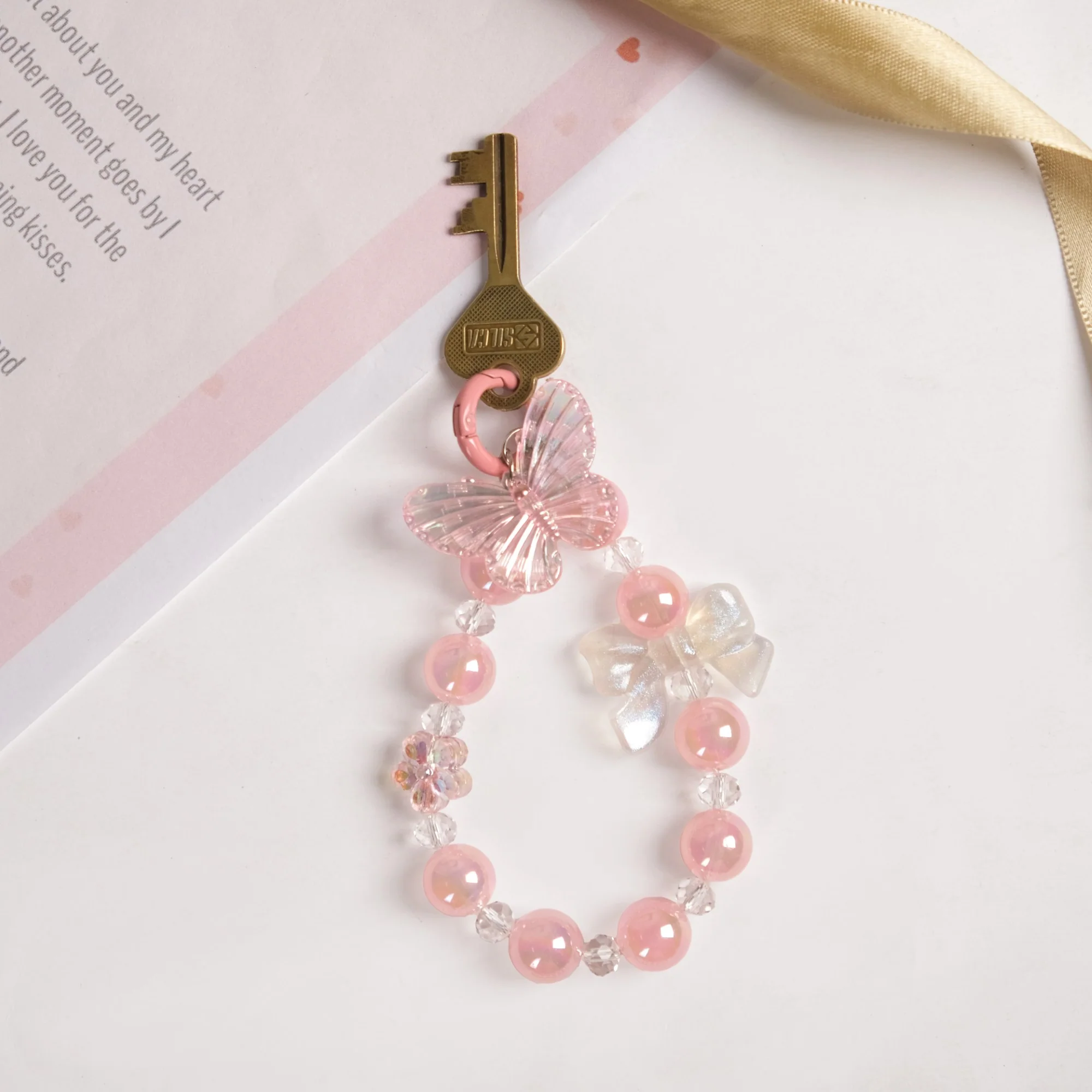 Pink Garden Charm Keyring With Beads - Image 3