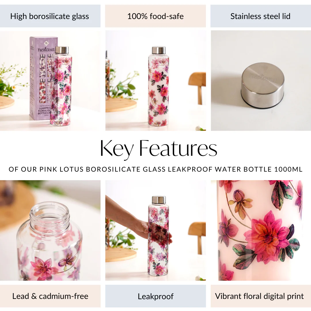 Pink Lotus Borosilicate Glass Leakproof Water Bottle 1000ml - Image 5