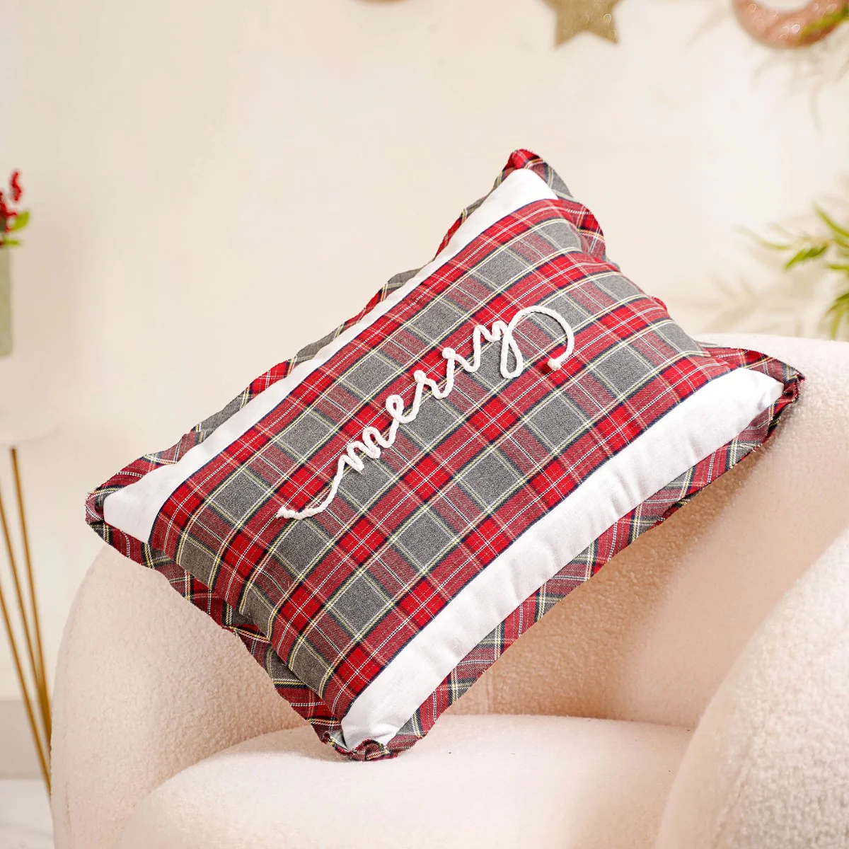 Plaid Merry Christmas Cushion Cover 20x14 Inch - Image 2