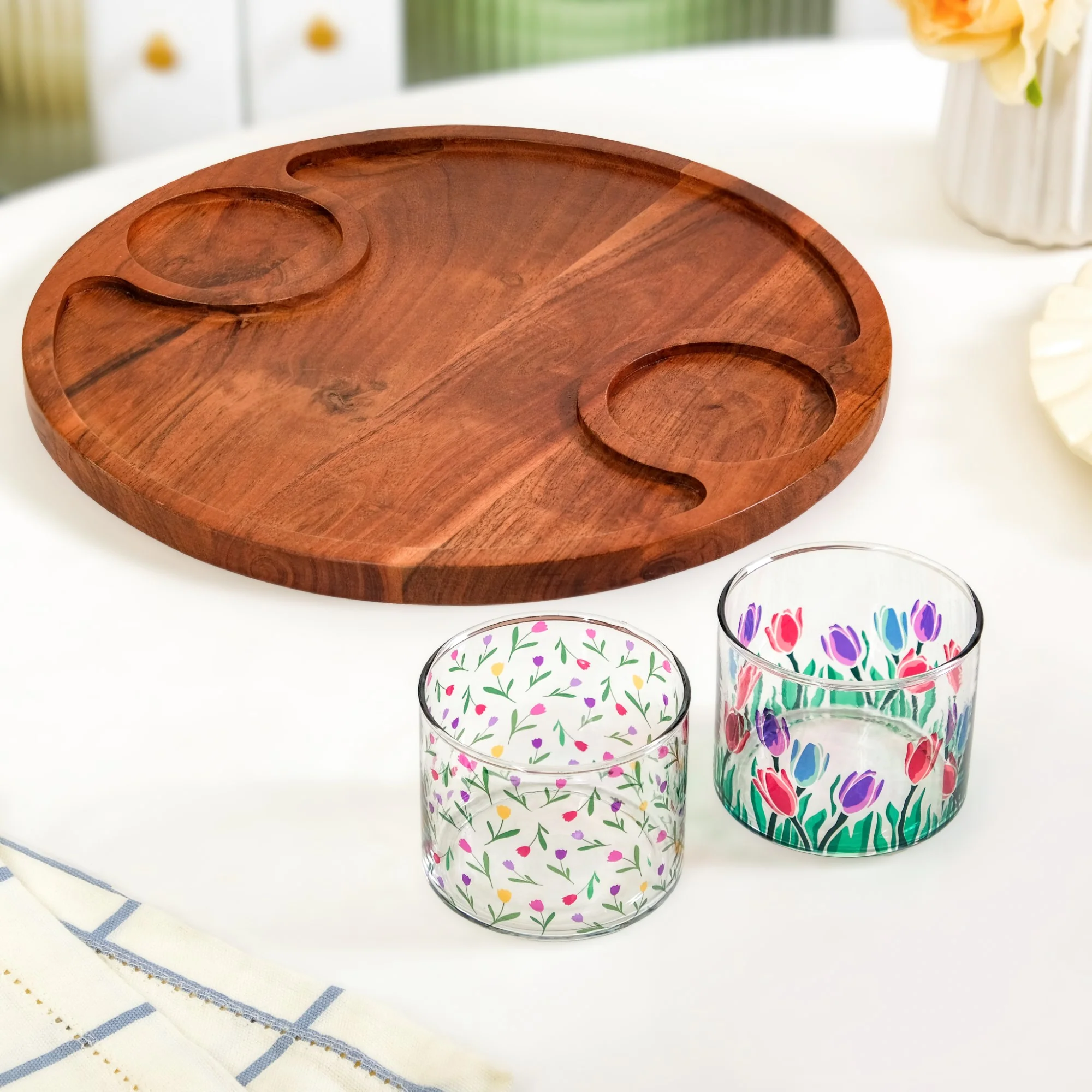 Platterazzi Round Acacia Platter Tray With Floral Bowl Set Of 3 - Image 4