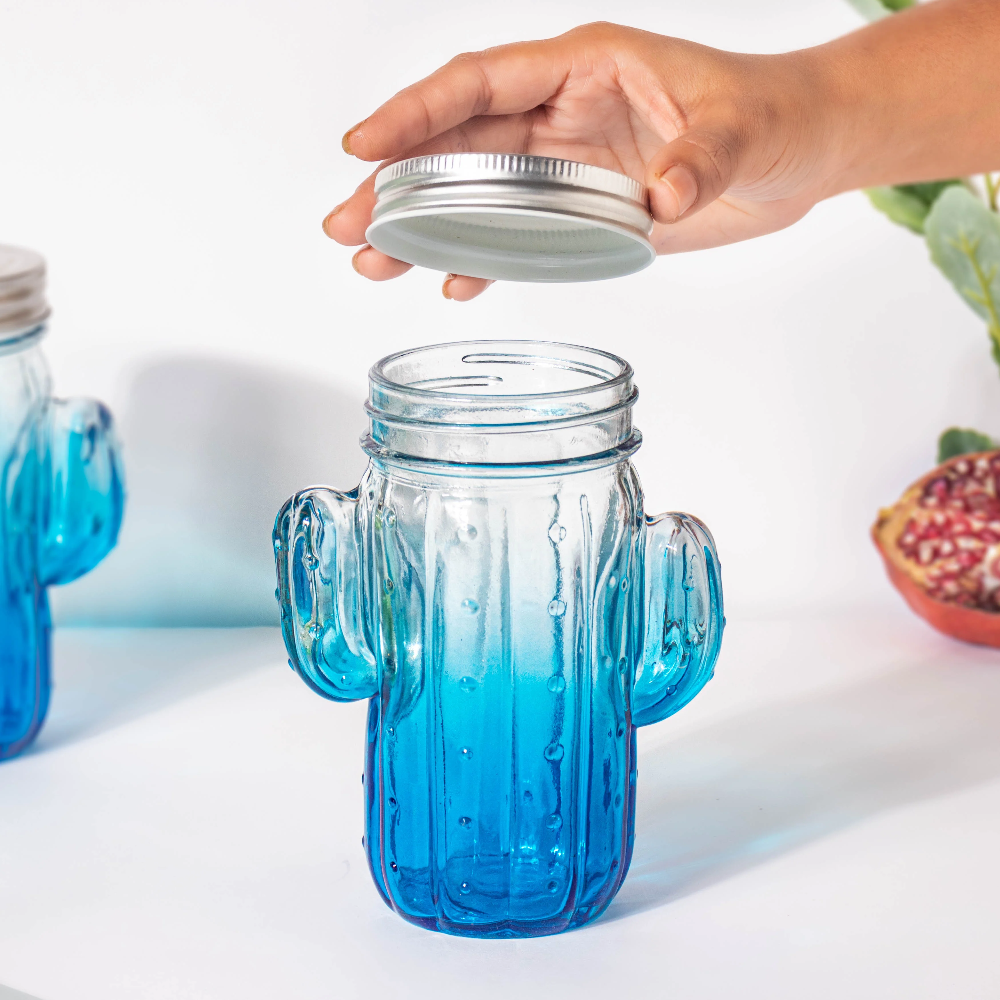 Prickly Cacti Glass Jar Blue with Lid Set of 4 - Image 4